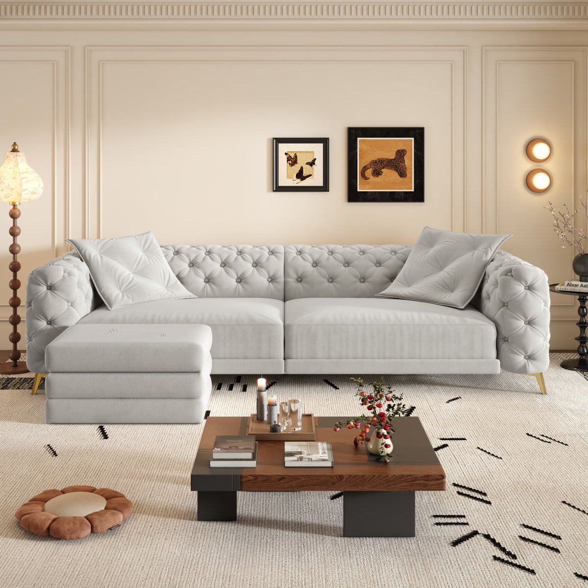 97.7' 3-in-1 Convertible Sleeper Sofa, 28.4' Deep Seat Pull Out Sofa Bed,Button Tufted Modern Sofa, 4-Seater Couch with Movable Ottoman for Apartment, Office, Bedroom,Beige/White