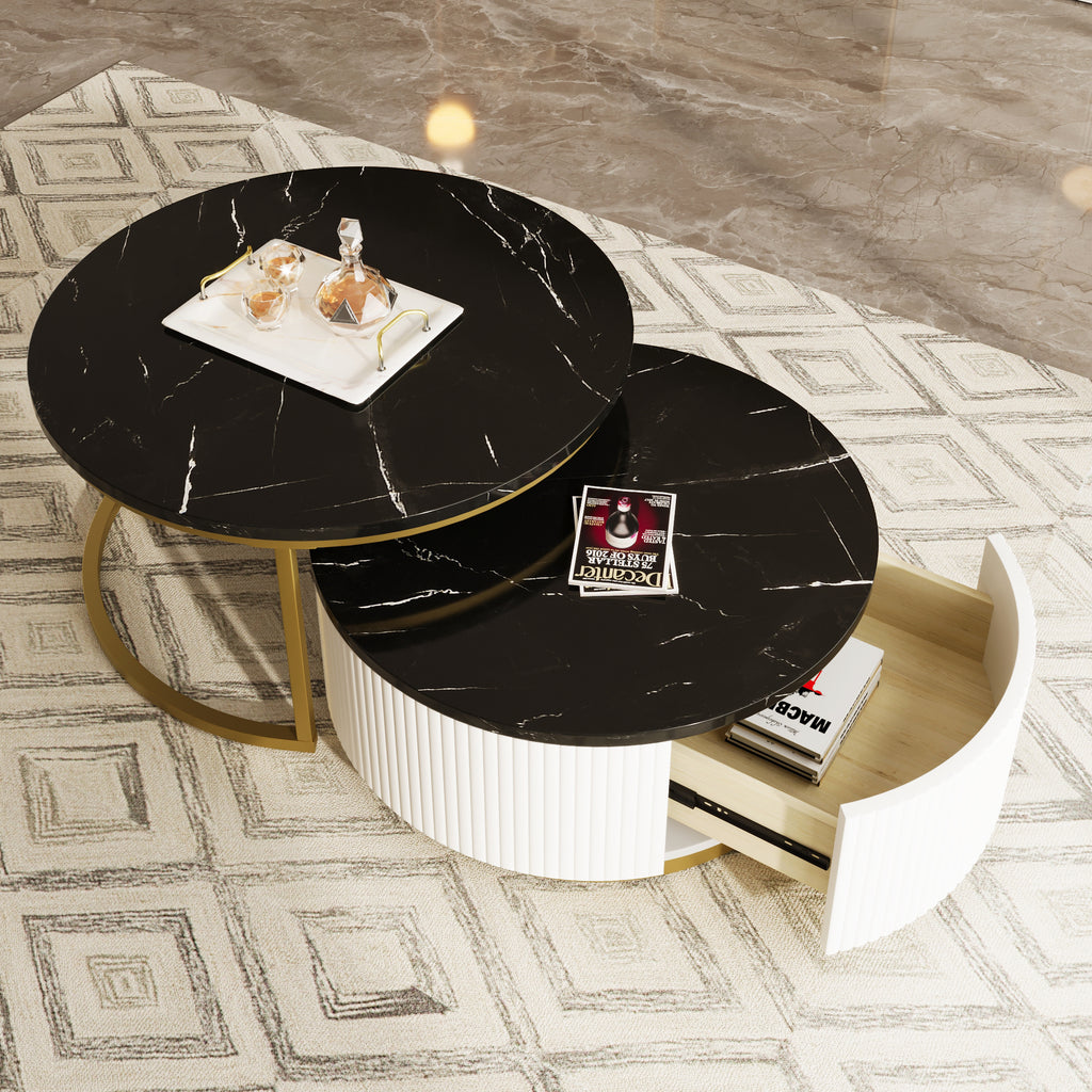Modern black round coffee table with gold pedestal base