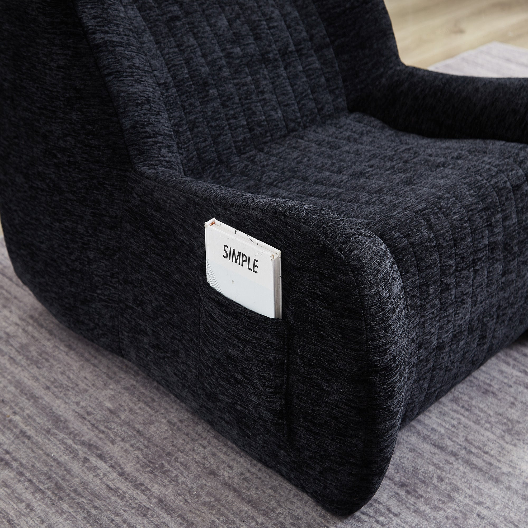 Oversized chenille bean bag chair armrest detail