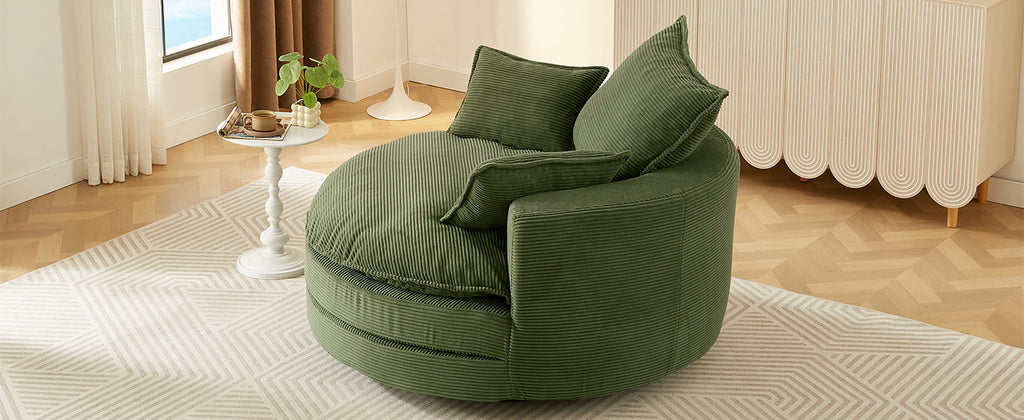 Corduroy Swivel Barrel Chair — 360° with Removable Pillows