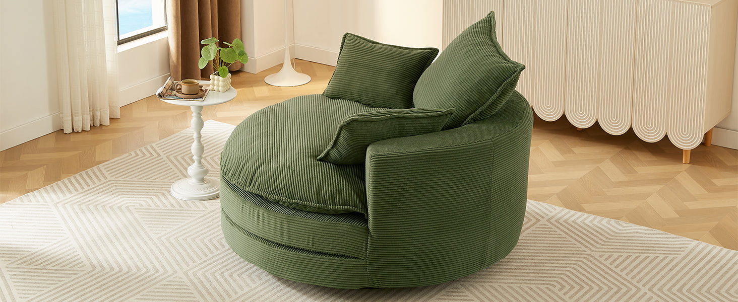 Corduroy Swivel Barrel Chair — 360° with Removable Pillows