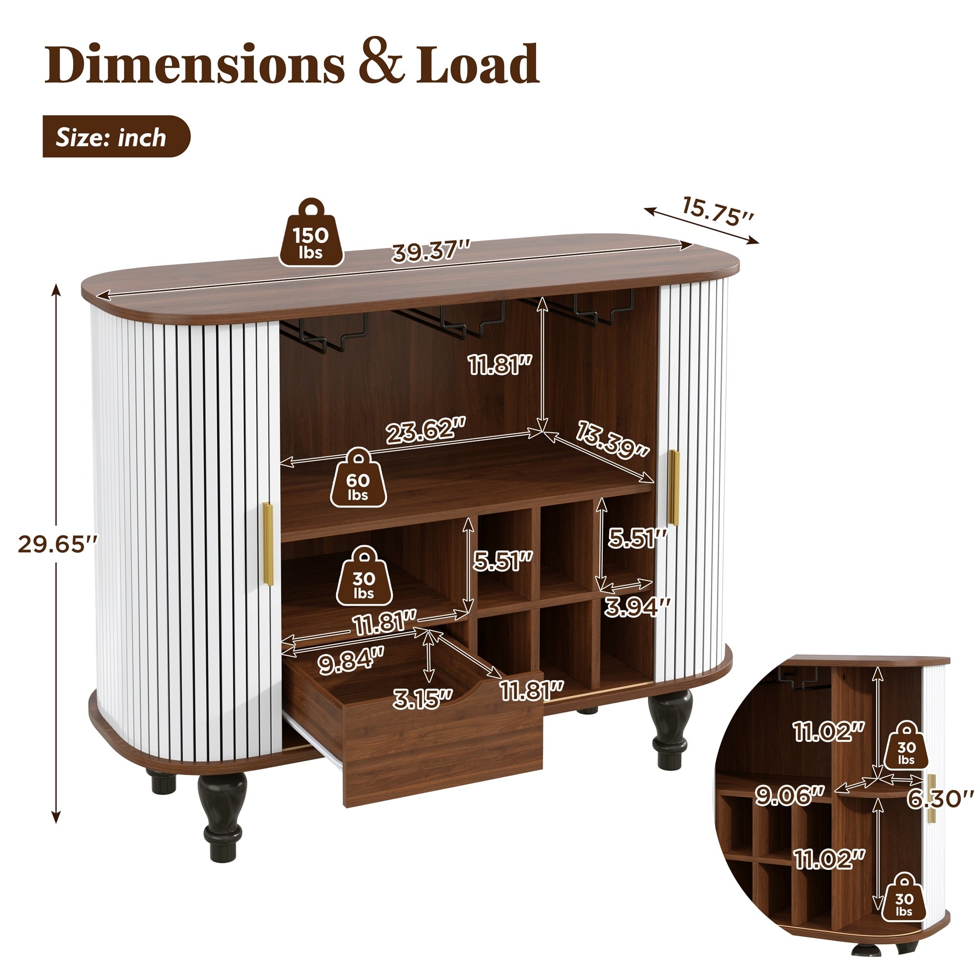 39' Fluted Liquor & Coffee Bar Cabinet with 6 Wine Racks and 3 Glass Holders, Mid-Century Modern Bar Cabinet with A Large Storage Drawer ,4 Hidden Storage Space on the Side , Black
