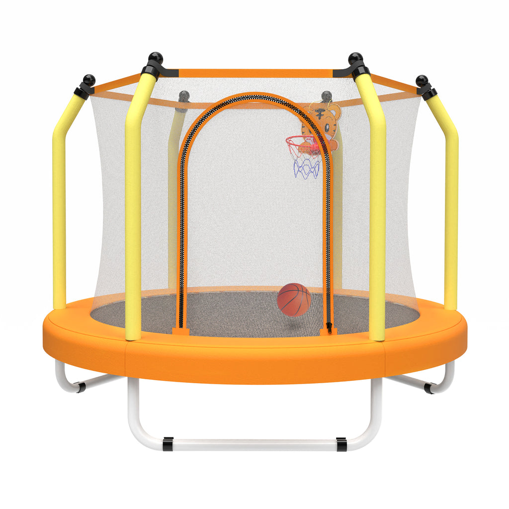 Yellow 55-inch kids trampoline with safety net — front view