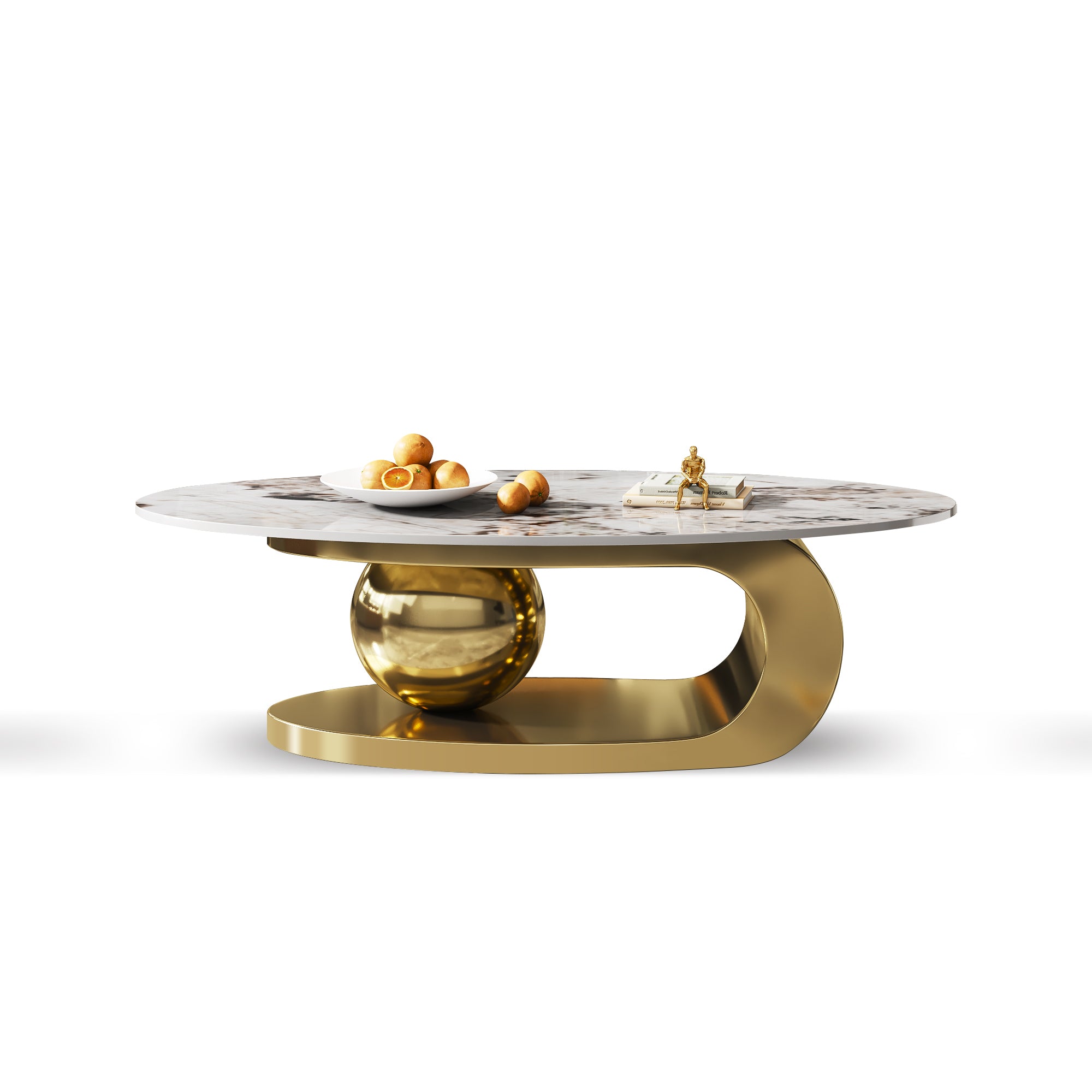 Gold oval coffee table side profile with sculptural ball base
