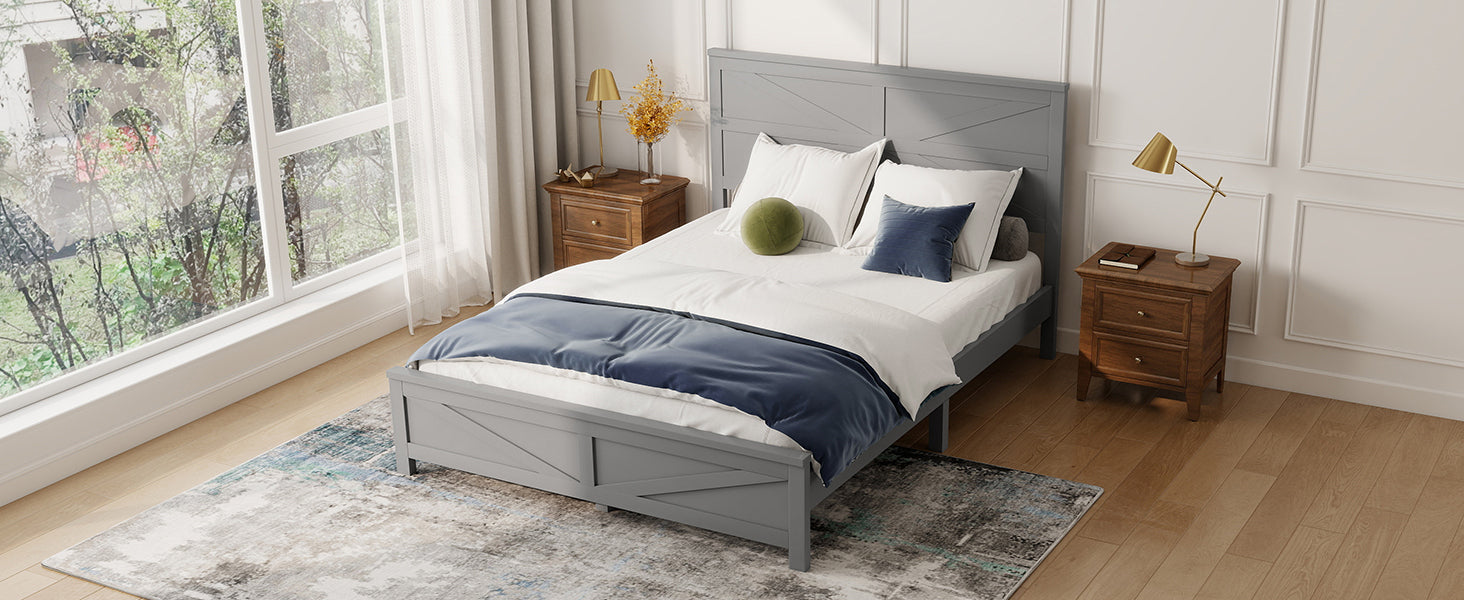 Farmhouse Style Queen Size Bed with Barn Door Designed Headboard and Footboard, Pinewood Bed with Strengthened Bed Frame ,White