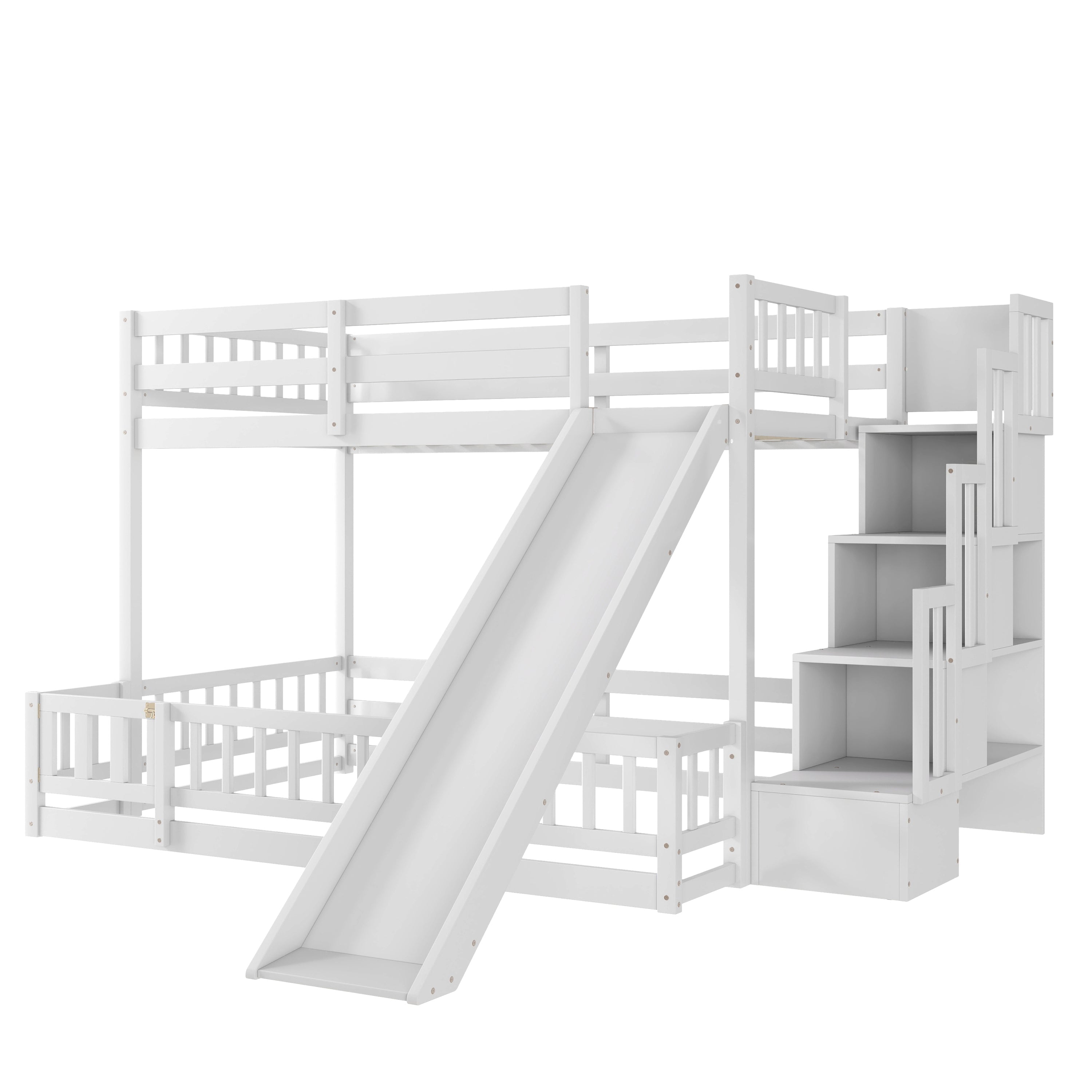 Twin Over Full Bunk Bed with Slide, Storage Staircase, Pine Solid Wooden Bunk Bed with Safety Guardrails ,Grey (Old Sku W504S00184)
