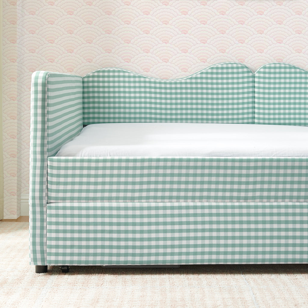 Full‑Size Daybed,Gingham Upholstered Daybed Equipped with Pull-Out Trundle Bed Frame & Side Storage Pocket, Solid Wood Frame Multi-Functional Sofa Bed for Kids Room & Guest Bedroom-PINK