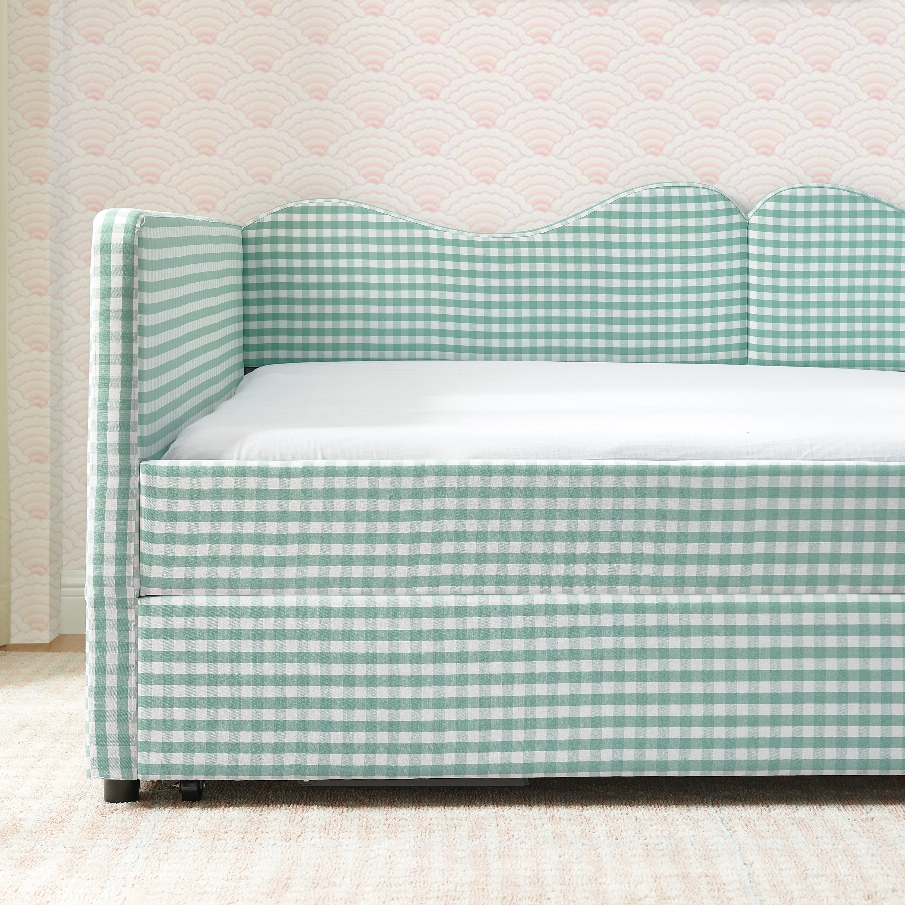Full‑Size Daybed,Gingham Upholstered Daybed Equipped with Pull-Out Trundle Bed Frame & Side Storage Pocket, Solid Wood Frame Multi-Functional Sofa Bed for Kids Room & Guest Bedroom-PINK