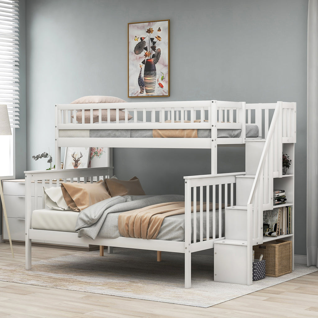 Twin over full bunk bed with safety guardrails on upper bunk