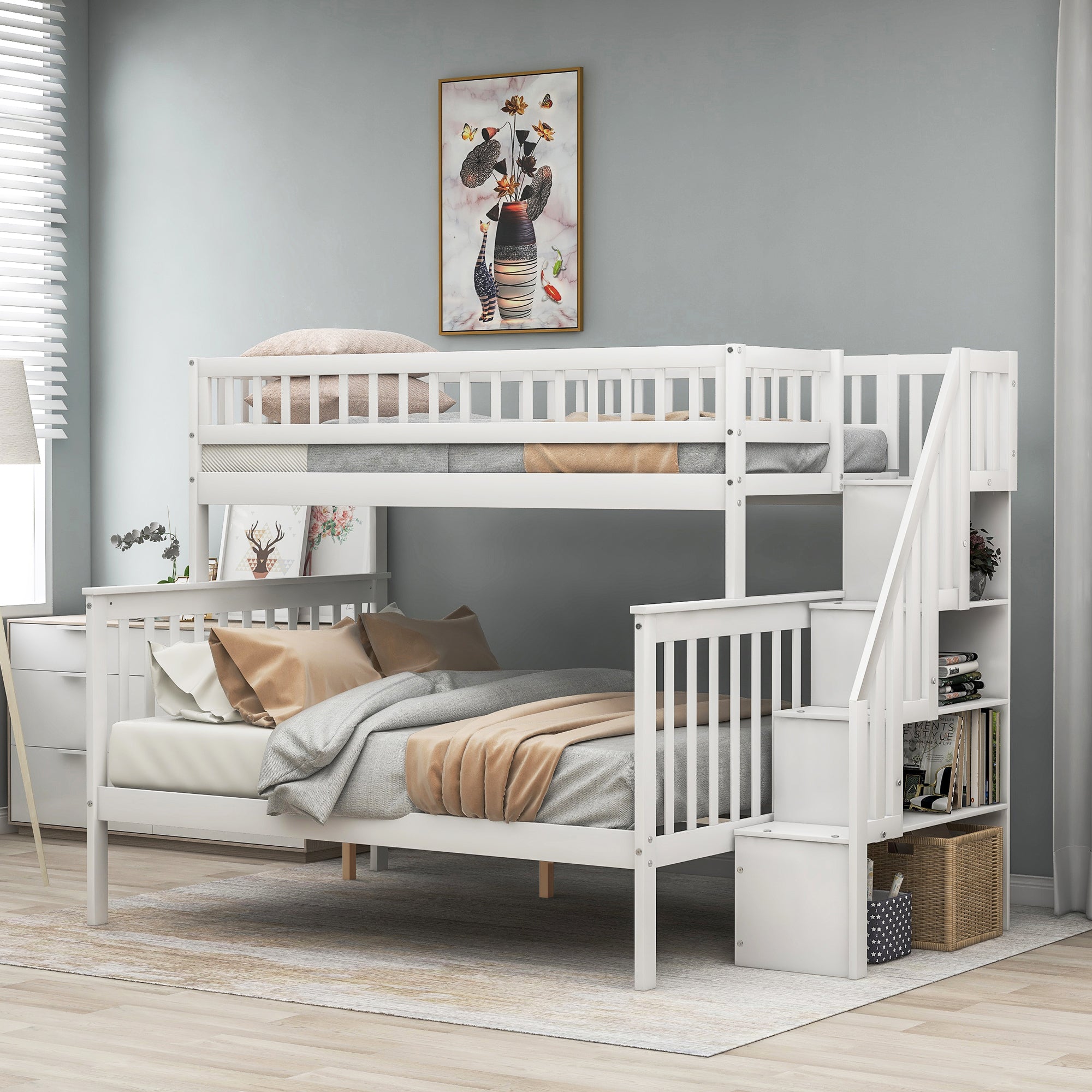 Twin over Full Stairway Bunk Bed with Side Shelves & Storage — Pine Wood