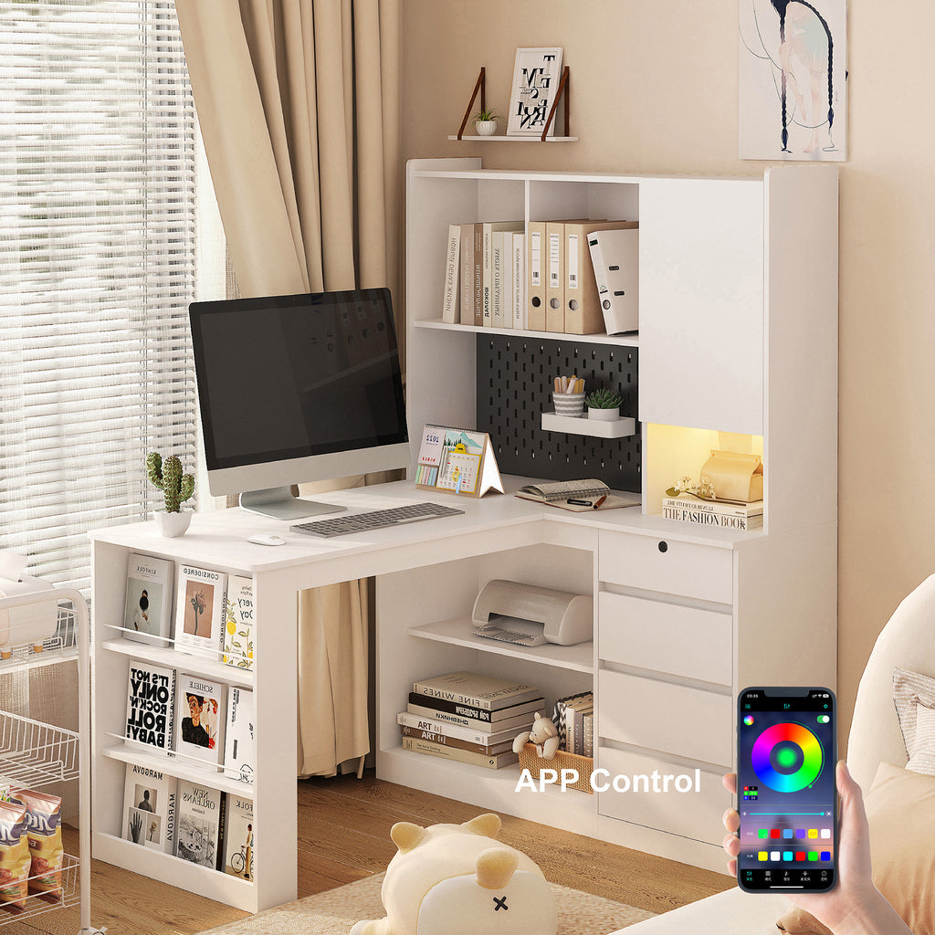 L-shaped desk built-in USB ports and power outlets detail