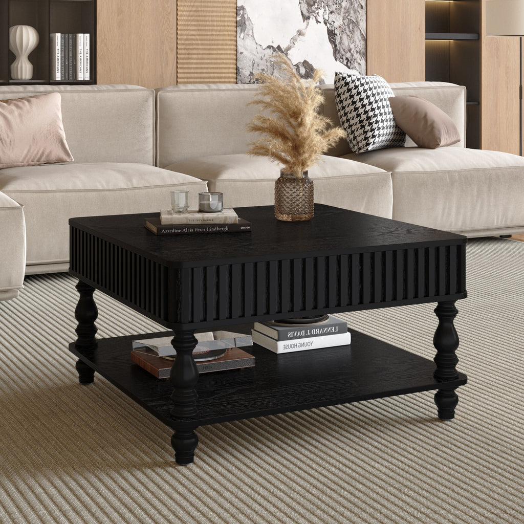 31.5 Inch Square Fluted Lift-Top Coffee Table with Hidden & Open Storage, Hydraulic Raising Mechanism, Retro Solid Wood Legs for Living Room, Sofa (Natural Wood)