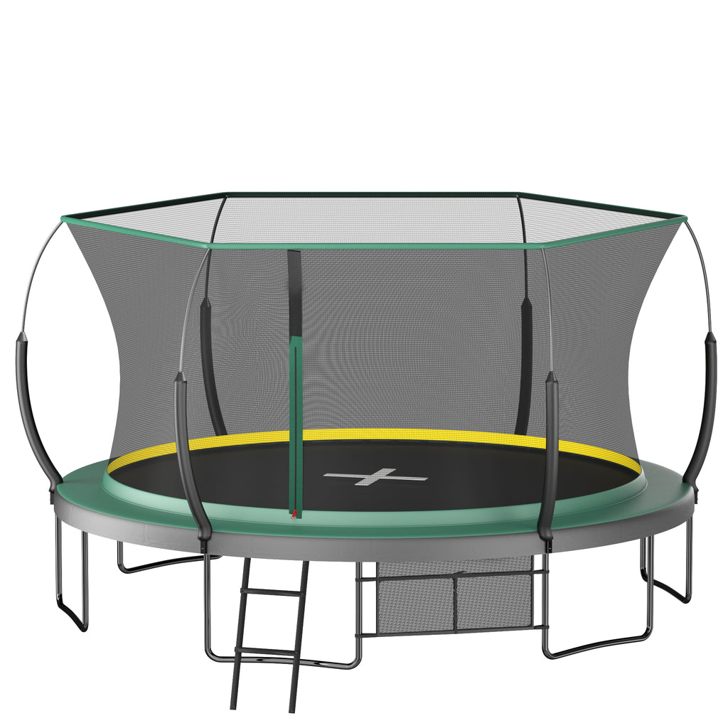 Green 14-foot springfree no-gap trampoline with safety enclosure — front view