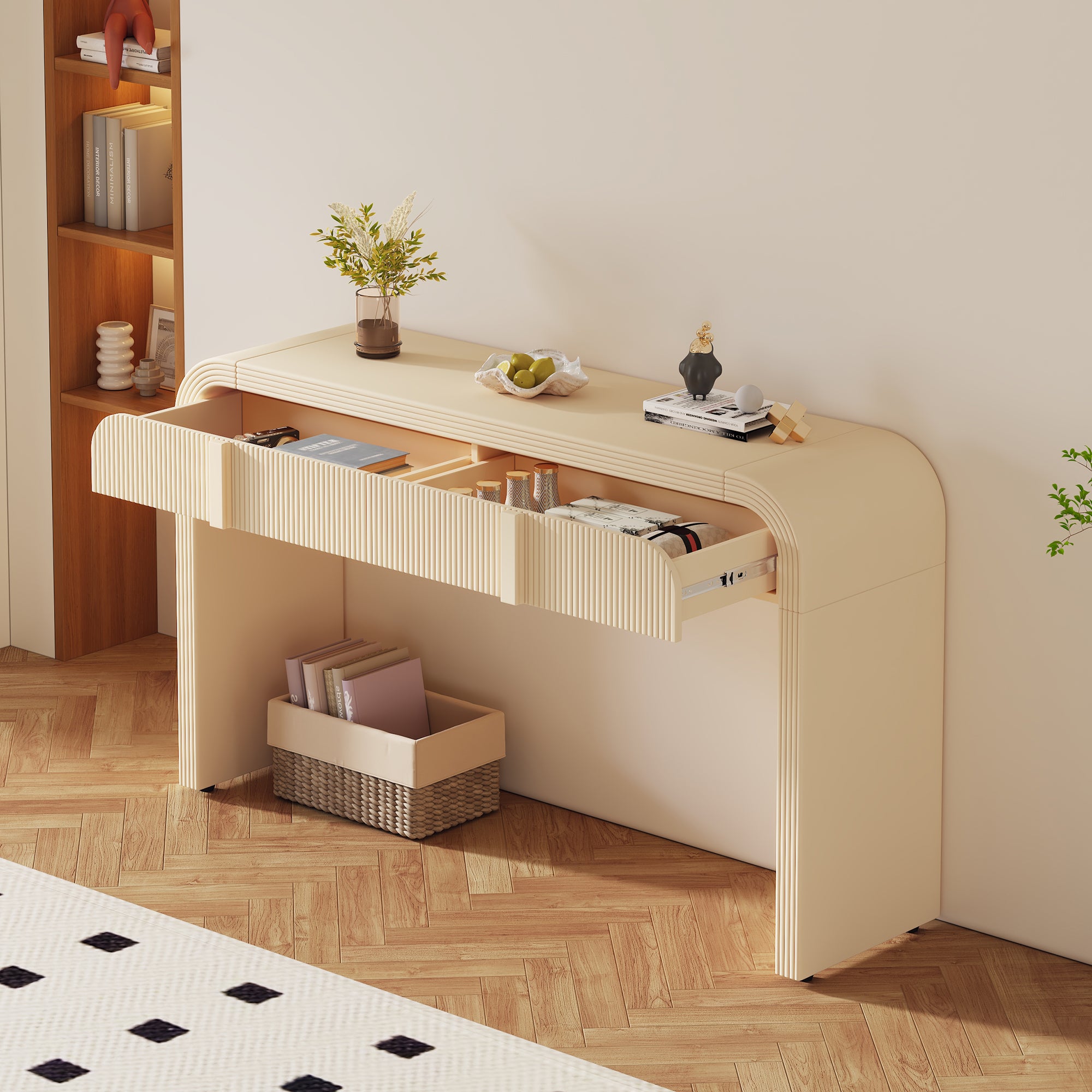 Rounded silhouette console table apricot cream — angle view
