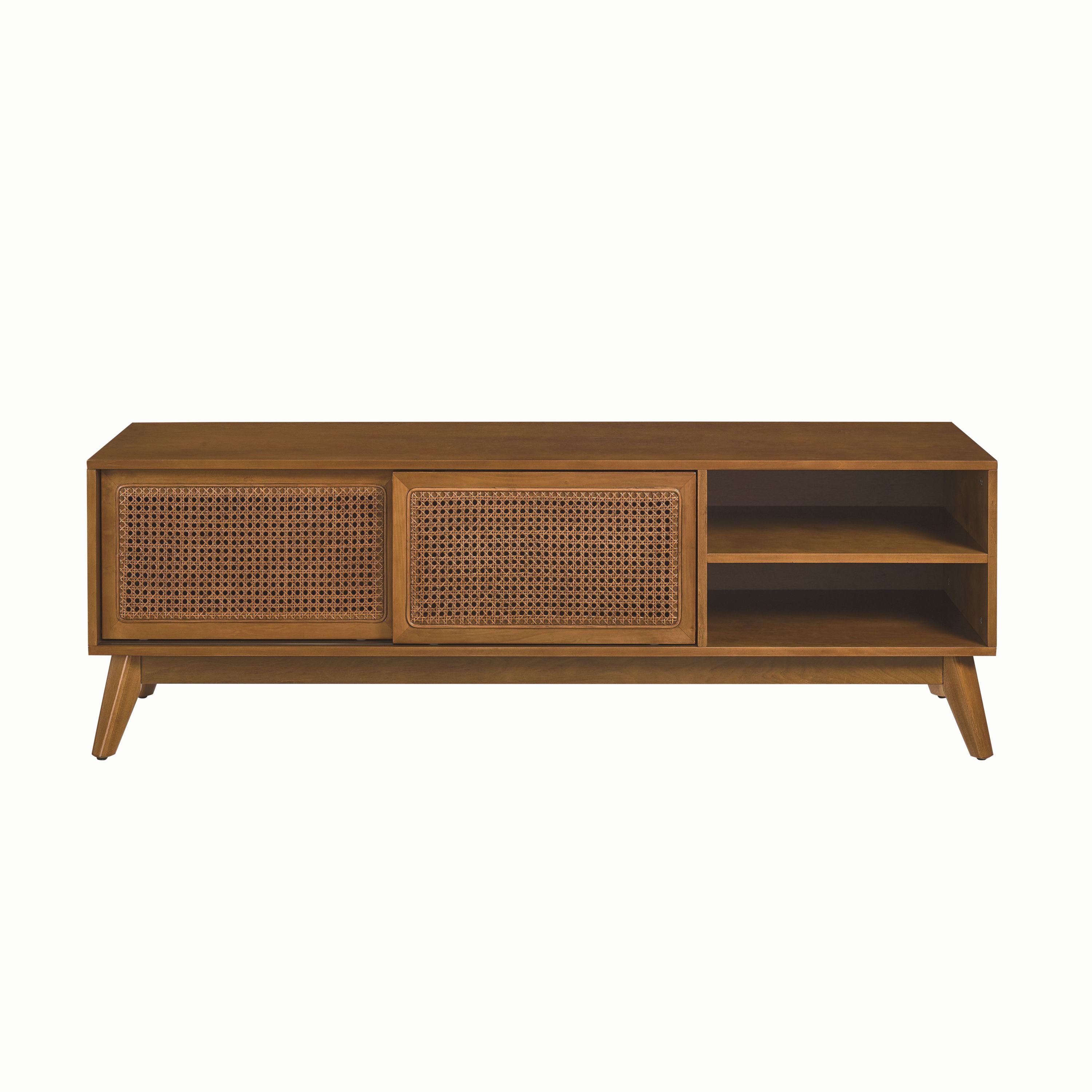 Light wood TV cabinet sliding door storage close-up