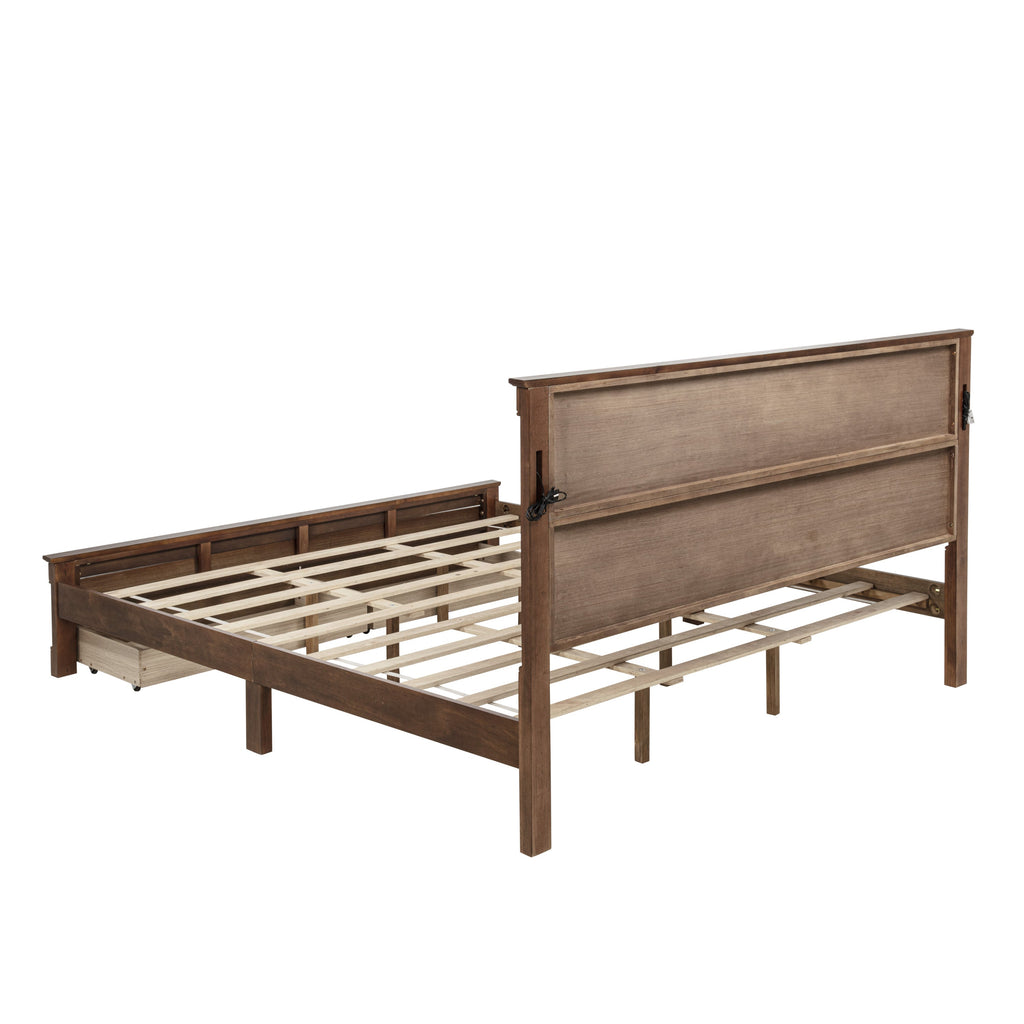 King Size Bed with Tall-Panel Headboard & Footboard, 2 Storage Drawers, Built-in LED Lights, USB Charging Station, Pinewood Bed with Strengthened Bed Frame ,White