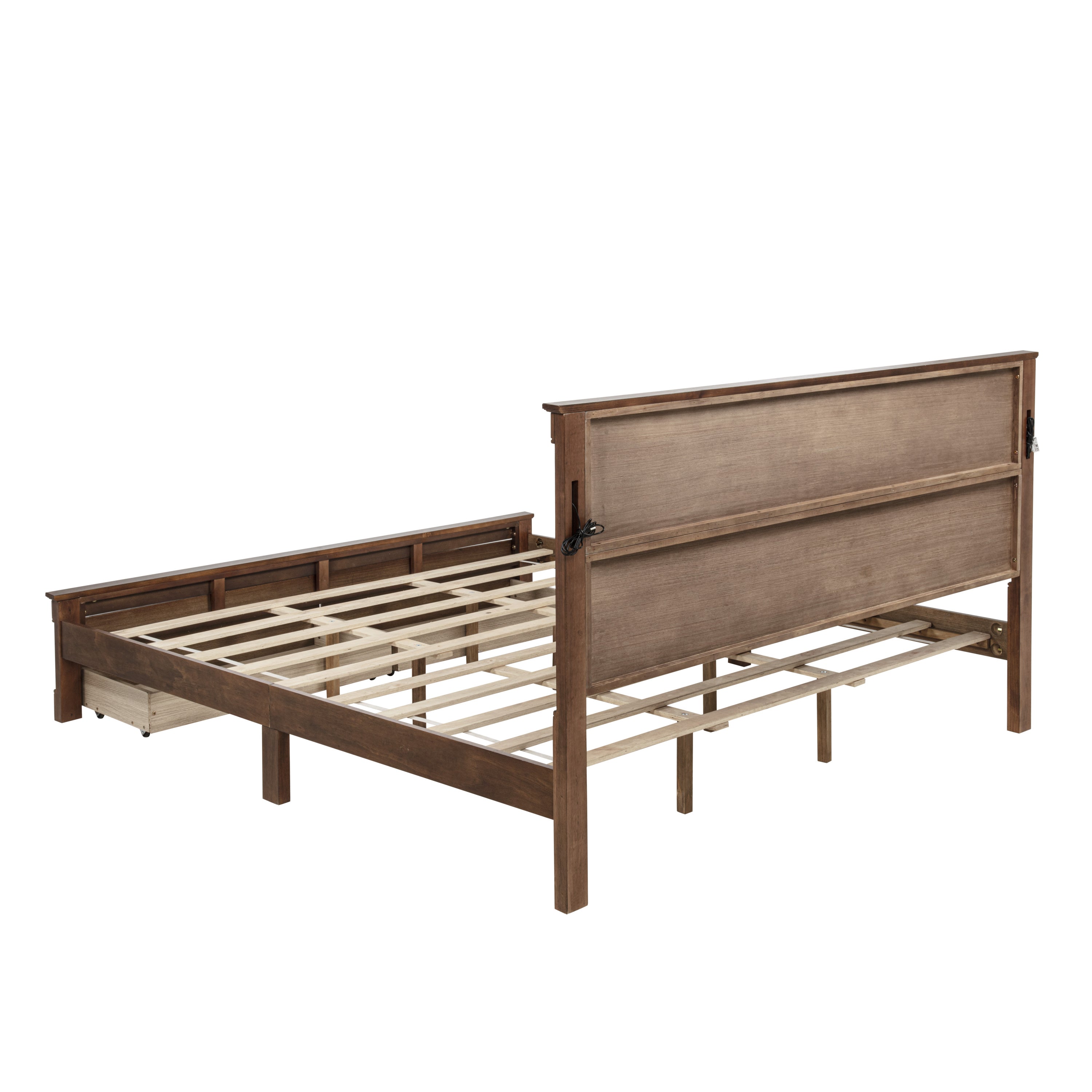 King Size Bed with Tall-Panel Headboard & Footboard, 2 Storage Drawers, Built-in LED Lights, USB Charging Station, Pinewood Bed with Strengthened Bed Frame ,White