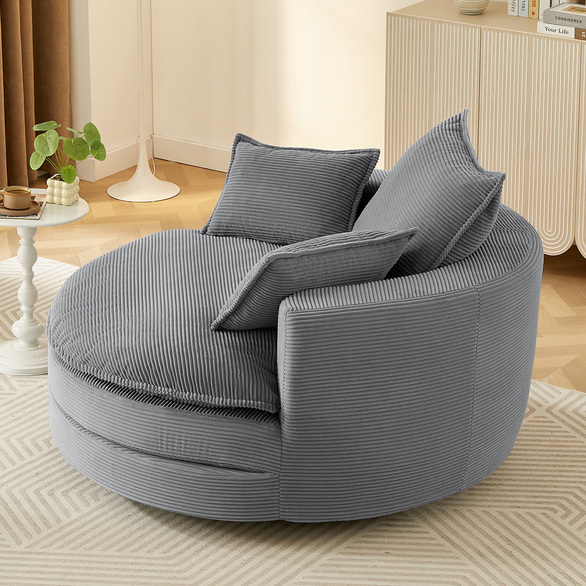Blue Corduroy 360° Swivel Barrel Accent Chair with Dual-Layer Cushion & 3 Pillows