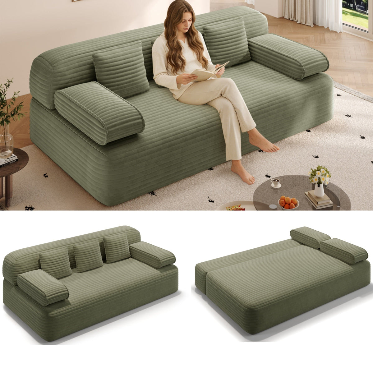 78.7' Frameless Sofa,2-in-1 Convertible Sofa Bed with 3 Pillows – Plush Corduroy Fabric, Multi-Functional 3-Seater Couch for Small Spaces, Apartments and Bedrooms,Beige