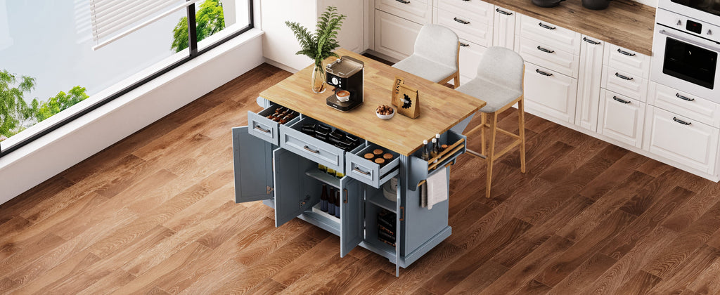 K&K 54inch Large Kitchen Island with Rubber Wood Drop Leaf, Embossed Texture Rolling Kitchen Cart on 4 Wheels with 4 Doors and 3 Drawers, Kitchen Island with Storage for Kitchen, Dining Room,Black