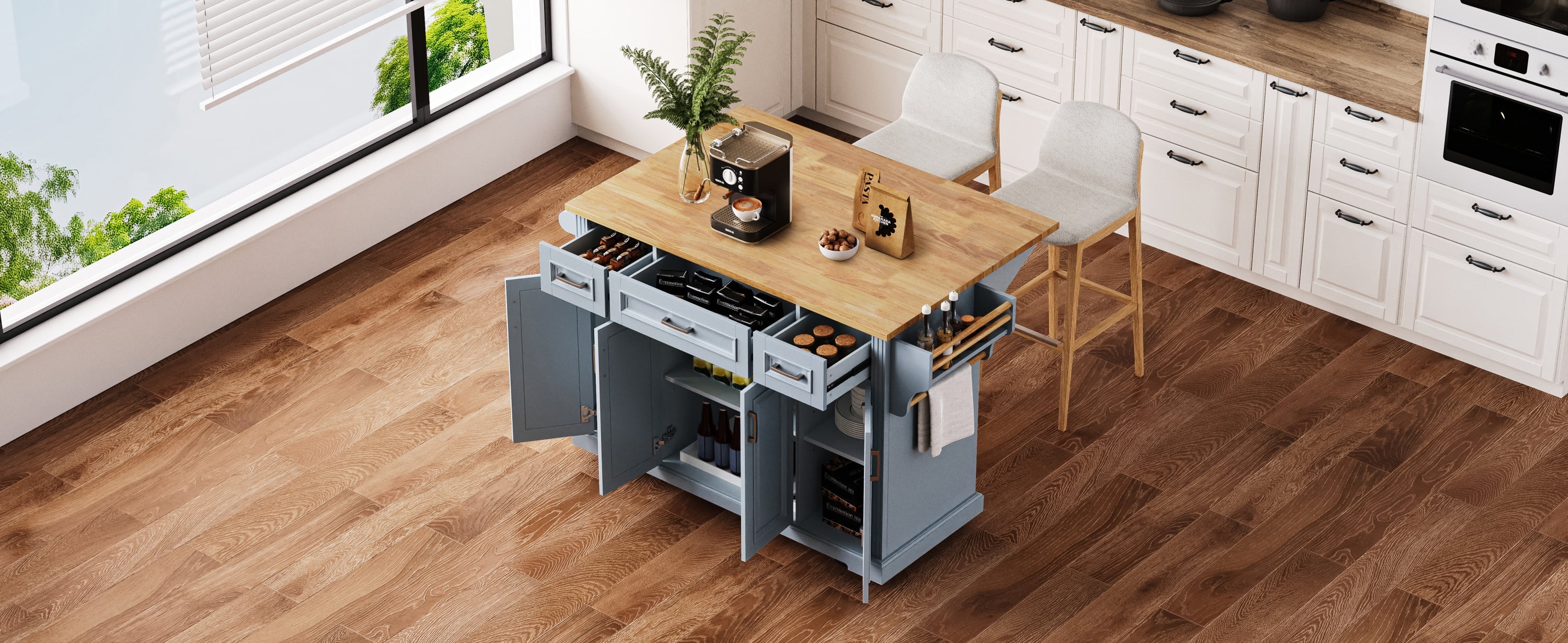 K&K 54inch Large Kitchen Island with Rubber Wood Drop Leaf, Embossed Texture Rolling Kitchen Cart on 4 Wheels with 4 Doors and 3 Drawers, Kitchen Island with Storage for Kitchen, Dining Room,Black