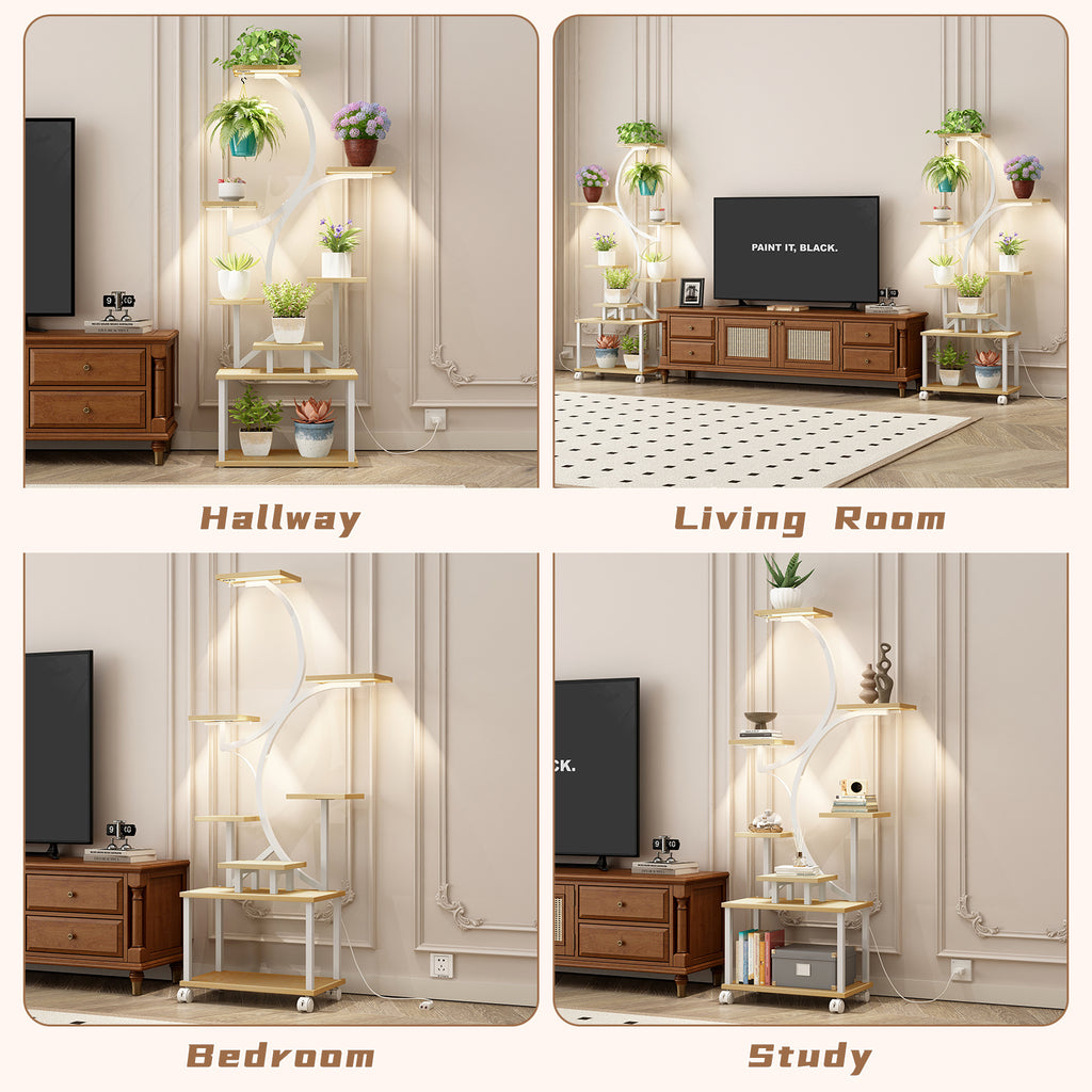 Natural plant stand metal frame MDF shelf tier close-up
