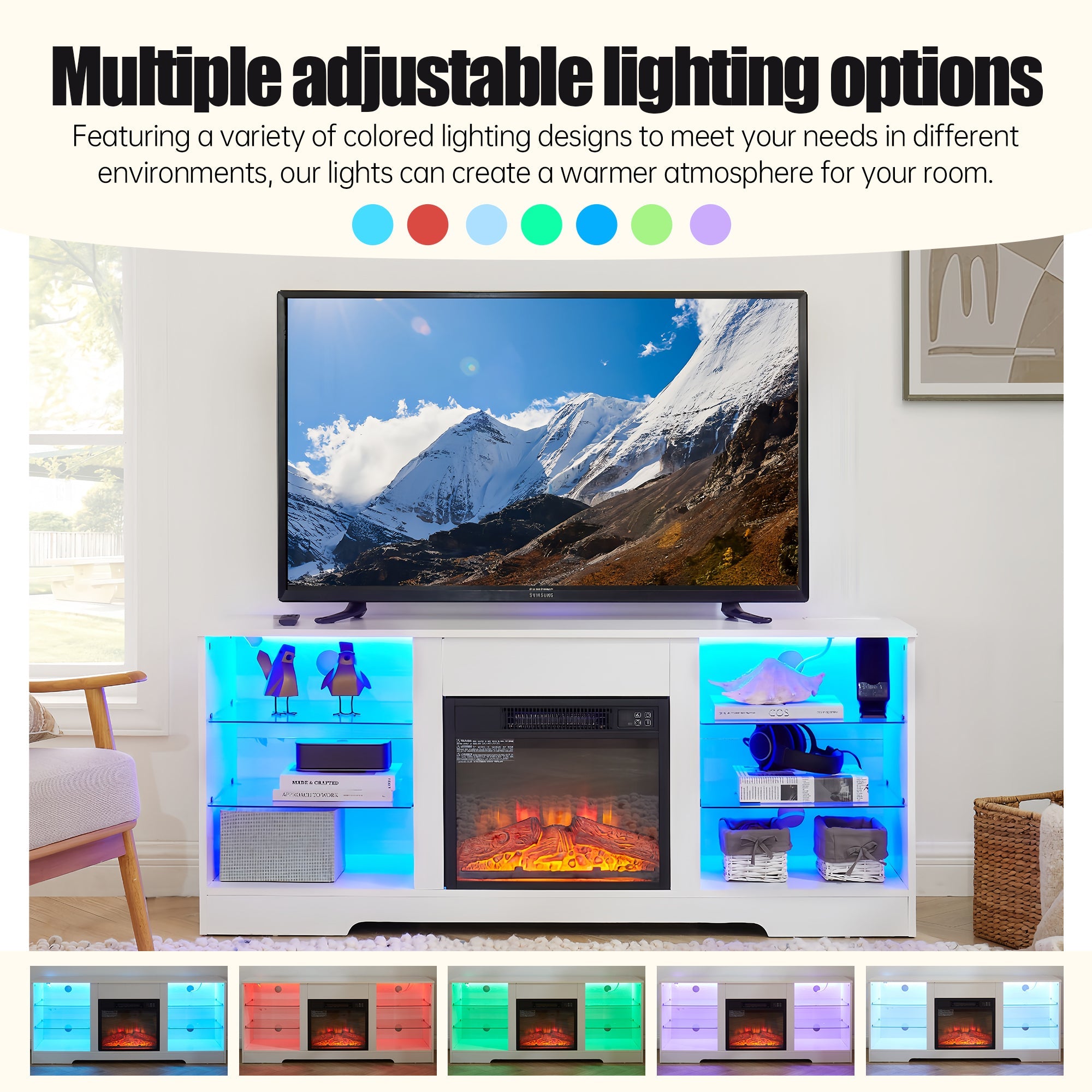 TV Stand with Electric Fireplace — Glass Shelves & USB Outlets for TVs Up to 62"