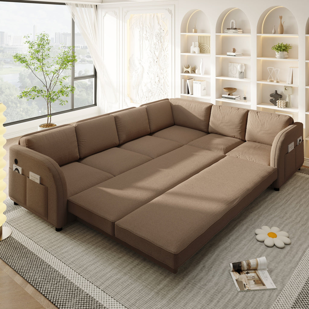 115.2' L-Shaped Sofa Couch with Pull-Out Bed,Oversize Convertible Sleeper Sofa with side Pocket & USB Port,Teddy Upholstered Sectional Couches with Convert Left/Right Facing, Light Grey