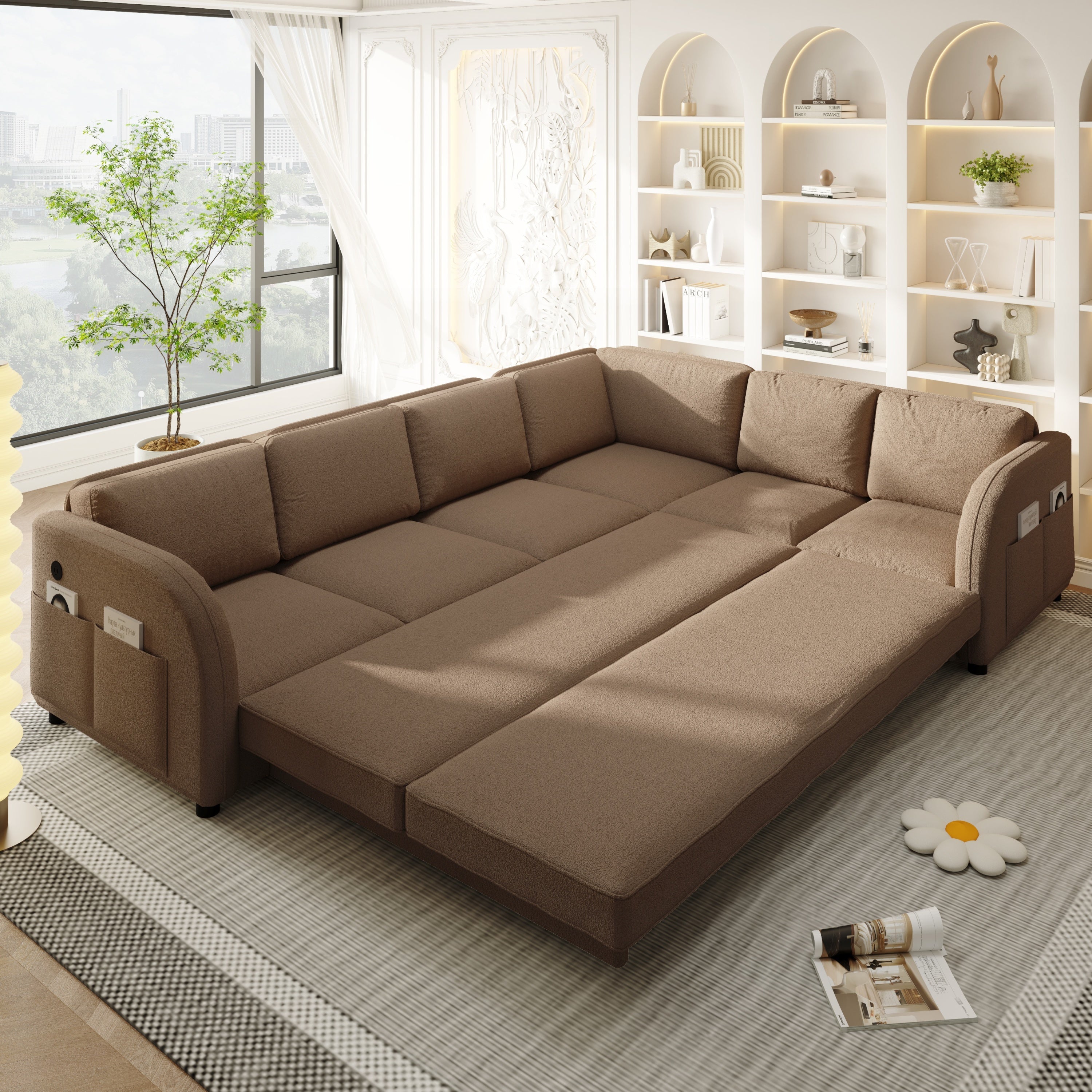 115.2' L-Shaped Sofa Couch with Pull-Out Bed,Oversize Convertible Sleeper Sofa with side Pocket & USB Port,Teddy Upholstered Sectional Couches with Convert Left/Right Facing, Light Grey