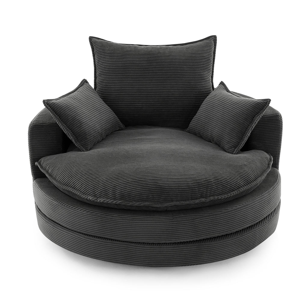 Black corduroy swivel accent chair — front view