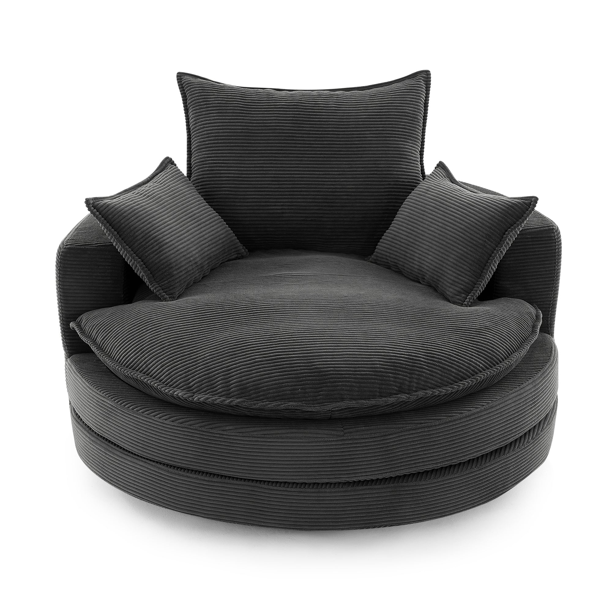Black corduroy swivel accent chair — front view