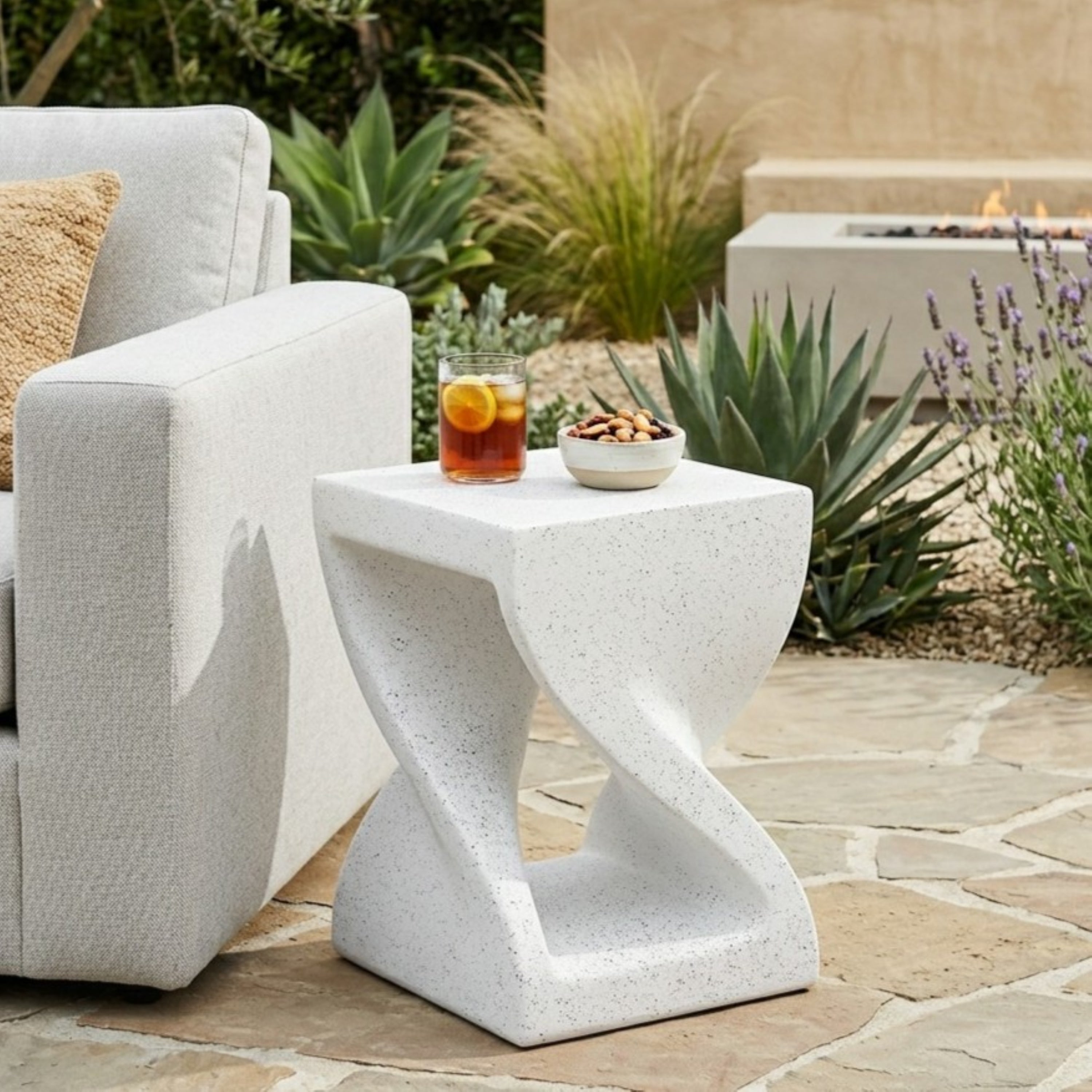 Outdoor White Marble Modern Twisted-Base Terrazzo-Speckled All-Weather MGO Side Table – Indoor End Table for Home, Office & Patio Decor