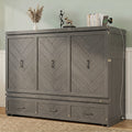 Queen Size Murphy Bed, Pine Wood Cabinet Bed with Built-in USB Charging Station and Geometrical Decoration Panel ,Grey