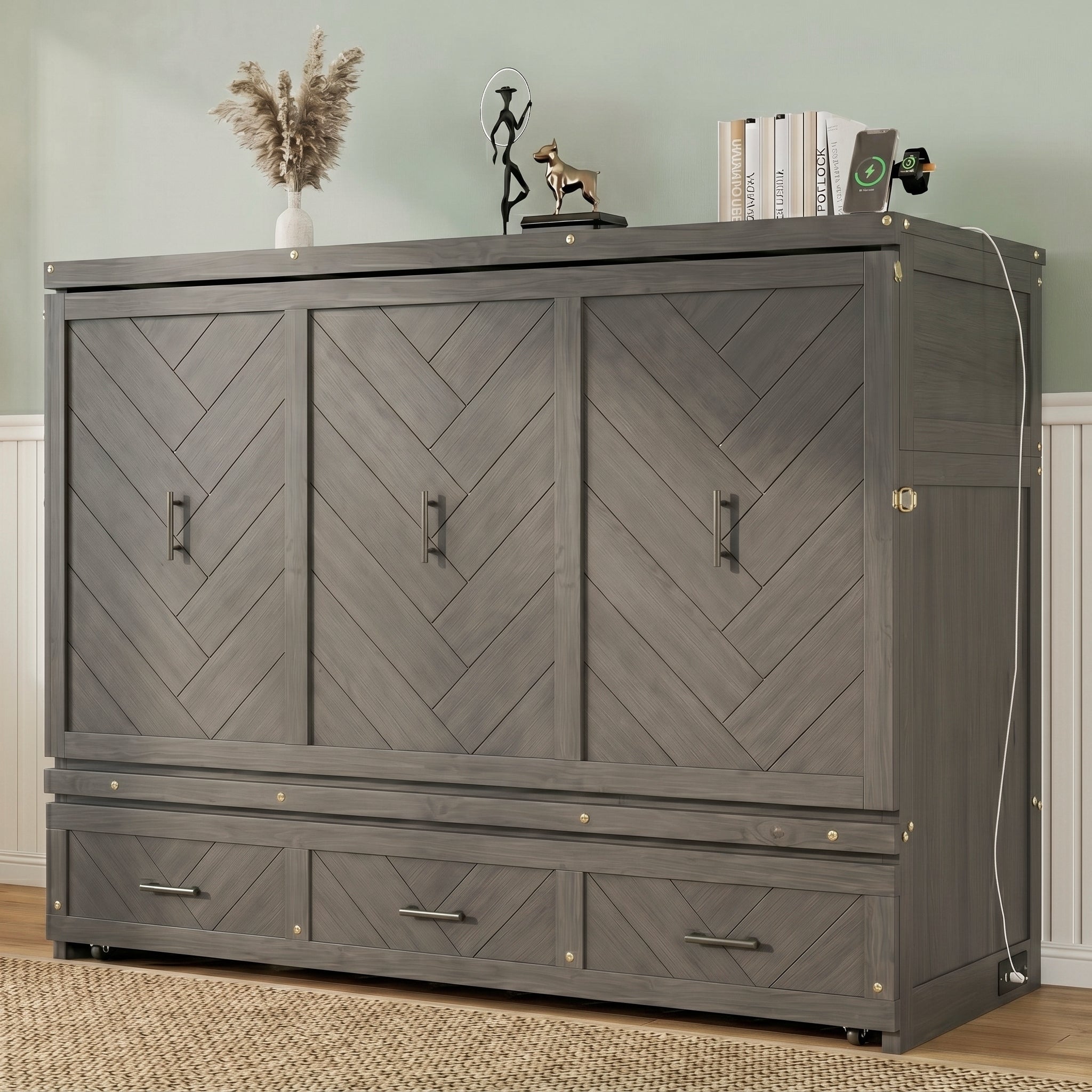 Queen Size Murphy Bed, Pine Wood Cabinet Bed with Built-in USB Charging Station and Geometrical Decoration Panel ,Grey