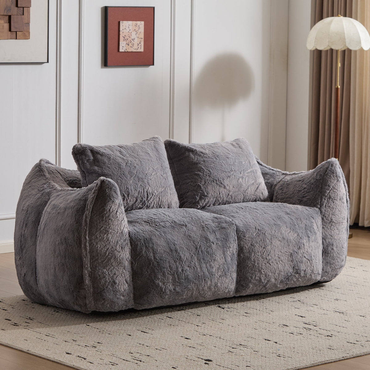 Giant Bean Bag Couch for Adults, Ultra Soft Fluffy Loveseat Bean Bag Sofa, Oversized Chase Lounge Chair Indoor for Living Room Bedroom, No Assembly Required Cozy Reading Chair with Pillows, White