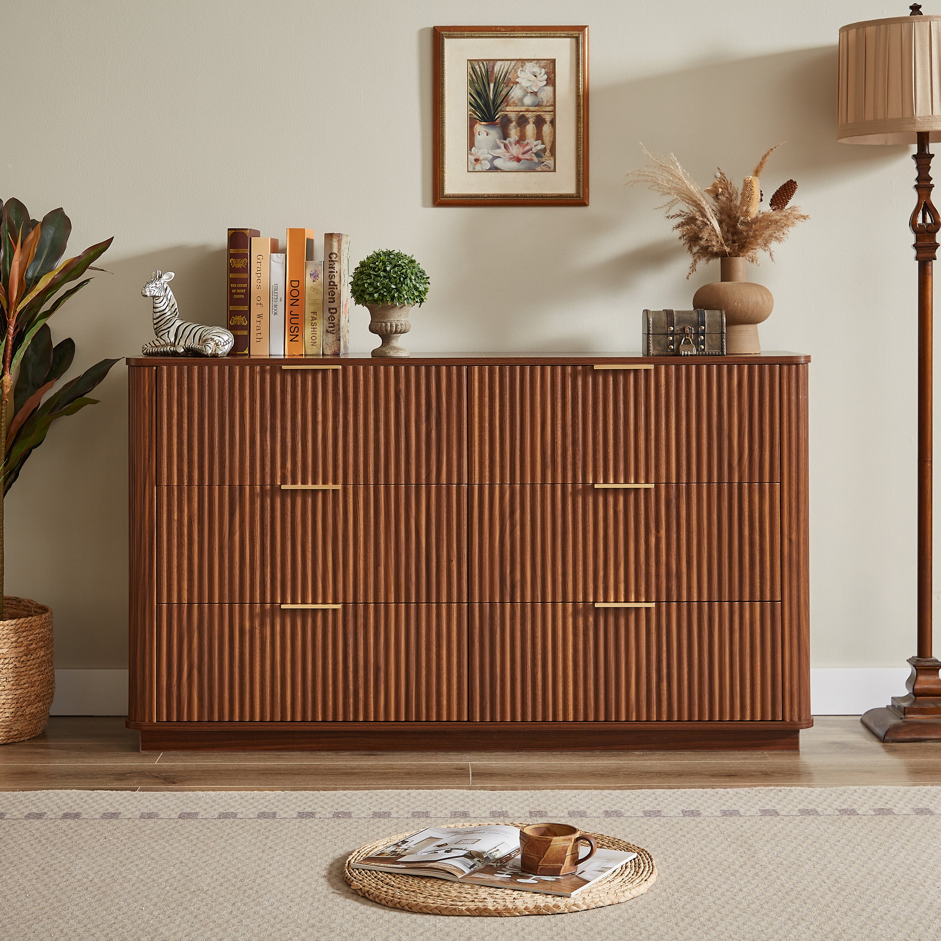 55 inch wide walnut chest of drawers angle view