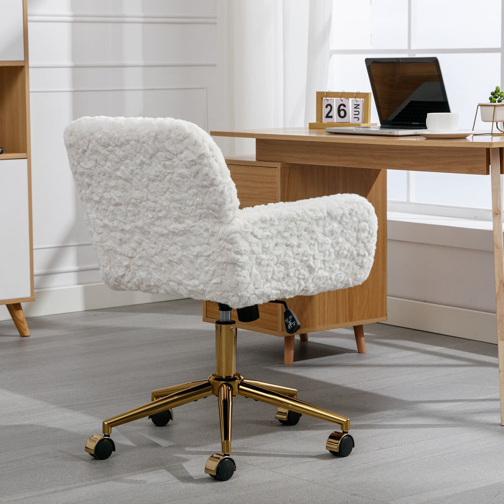 Faux Fur Office Chair — 40° Reclining with Gold Metal Base & Wheels