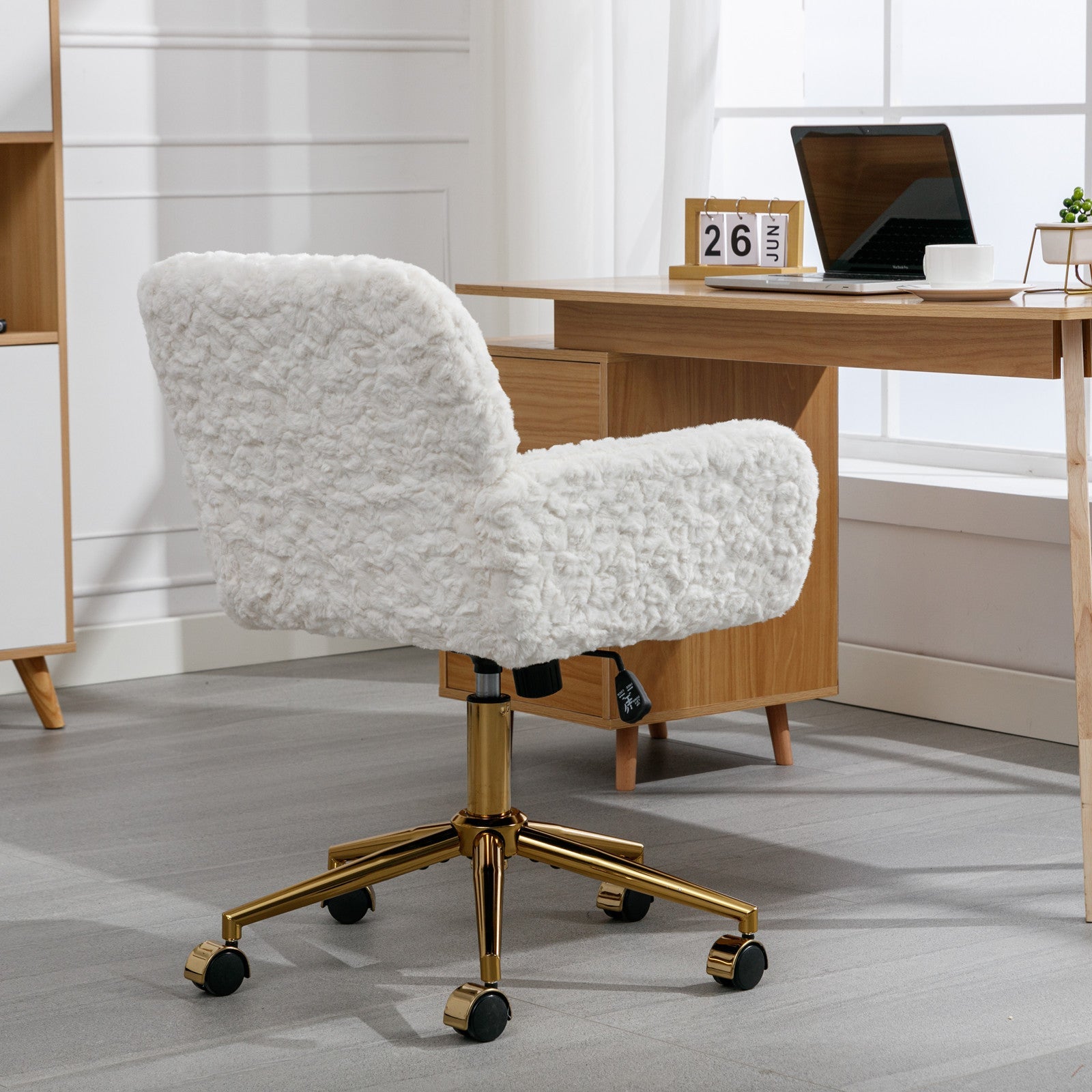 Faux Fur Office Chair — 40° Reclining with Gold Metal Base & Wheels