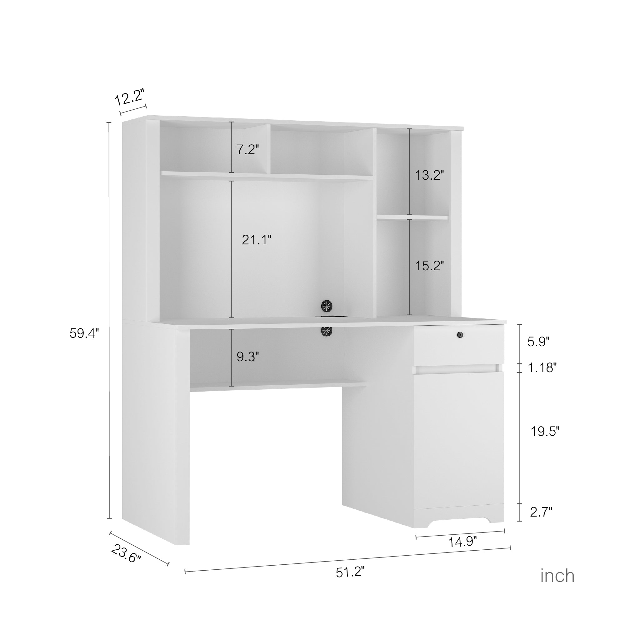 White computer desk built-in power outlets and USB ports detail