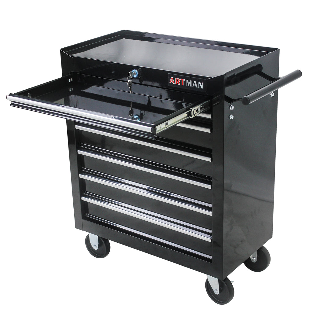 Compact 24-inch rolling tool cart next to workbench in workshop