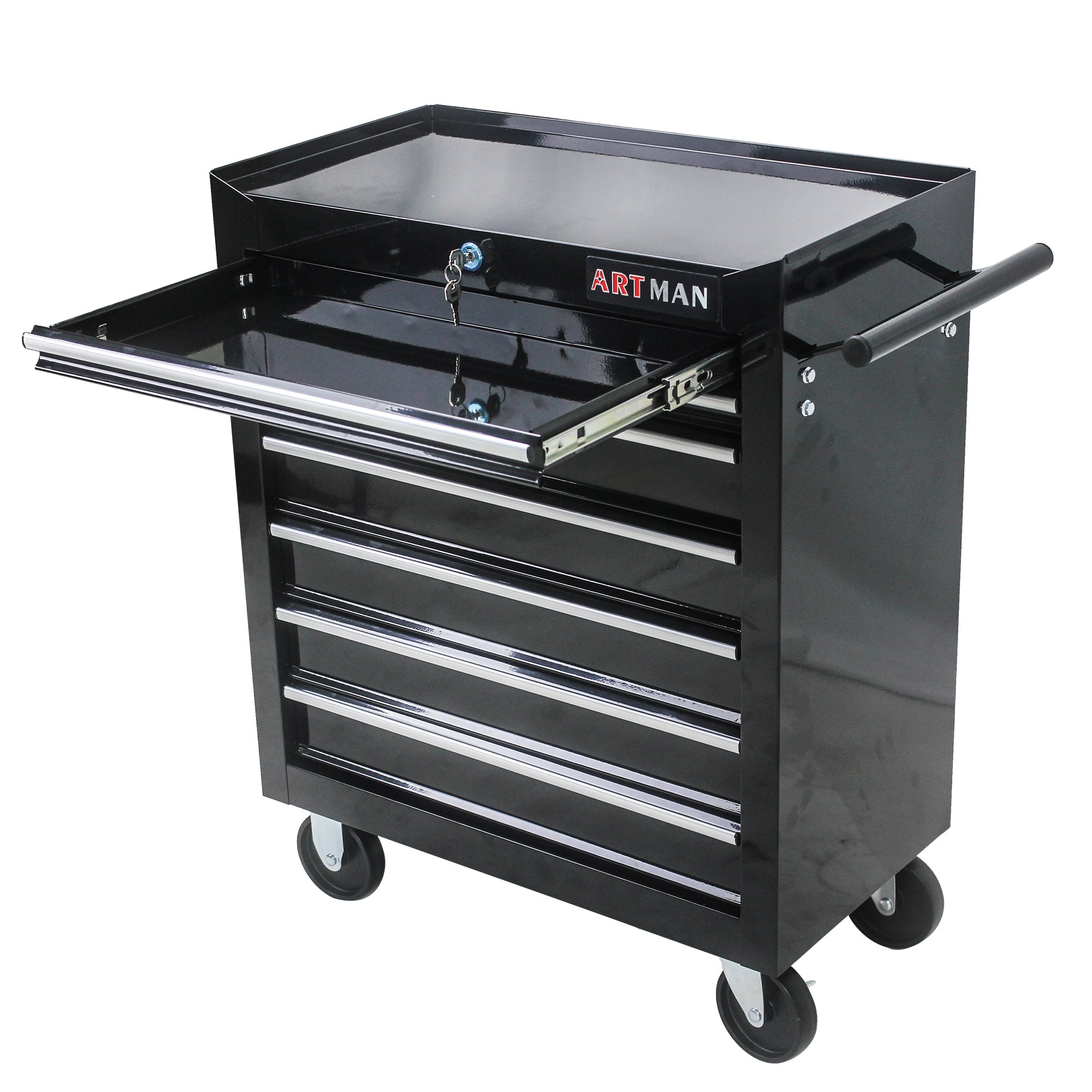Compact 24-inch rolling tool cart next to workbench in workshop