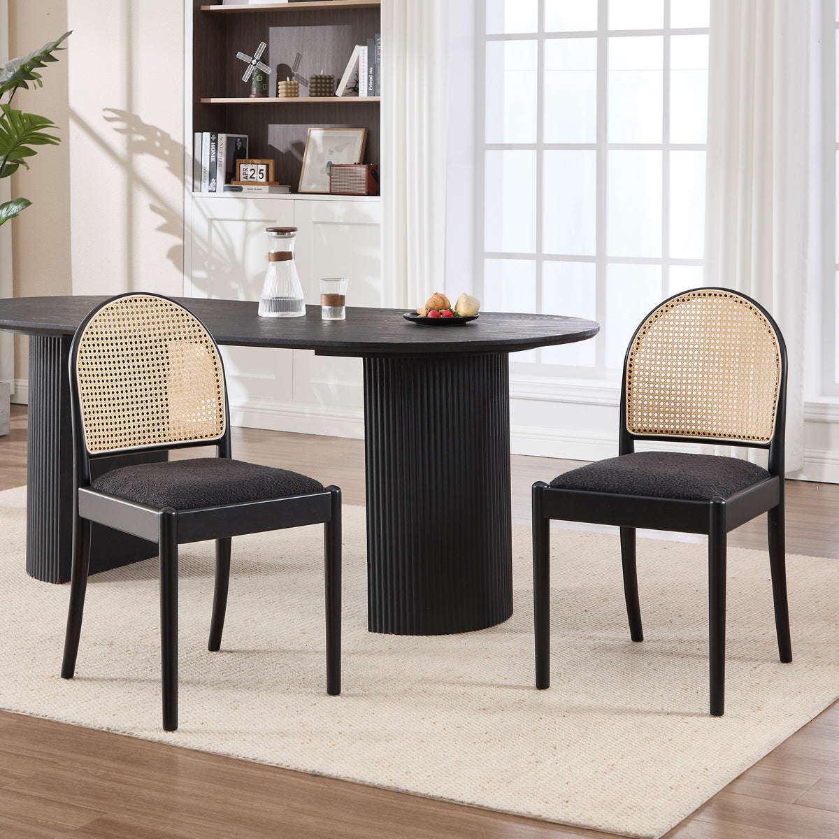 Rattan Dining Chairs Set of 2, Upholstered Linen Dining Room Chairs with Backrests, Modern Kitchen Chairs with Wood Legs for Dining Room, Beige