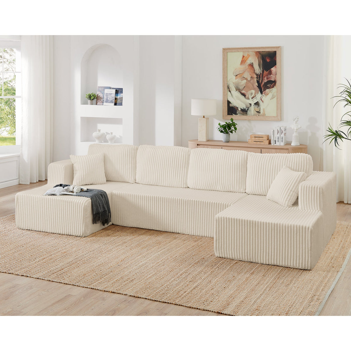 U shape Modular Sectional Sofa, Compressed Sectional Sofa Modern Minimalist Style Corduroy Couch, Sleeper Sofa for Living Room, Bedroom, Comfy Compressed Sofa Couch Space-Efficient Design-green