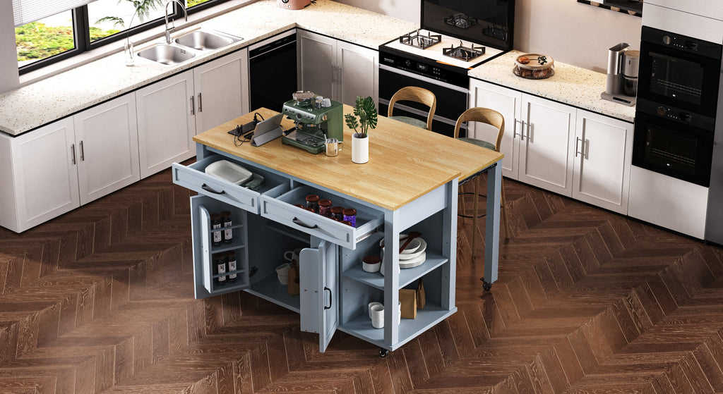 K&K 47 inch Kitchen Island with Extendable Dining Table, Rubber Wood Veneer Kitchen Table with Internal Storage Rack, Power Outlet, Kitchen island with Storage 2 Drawers 2 Cabinet, Black