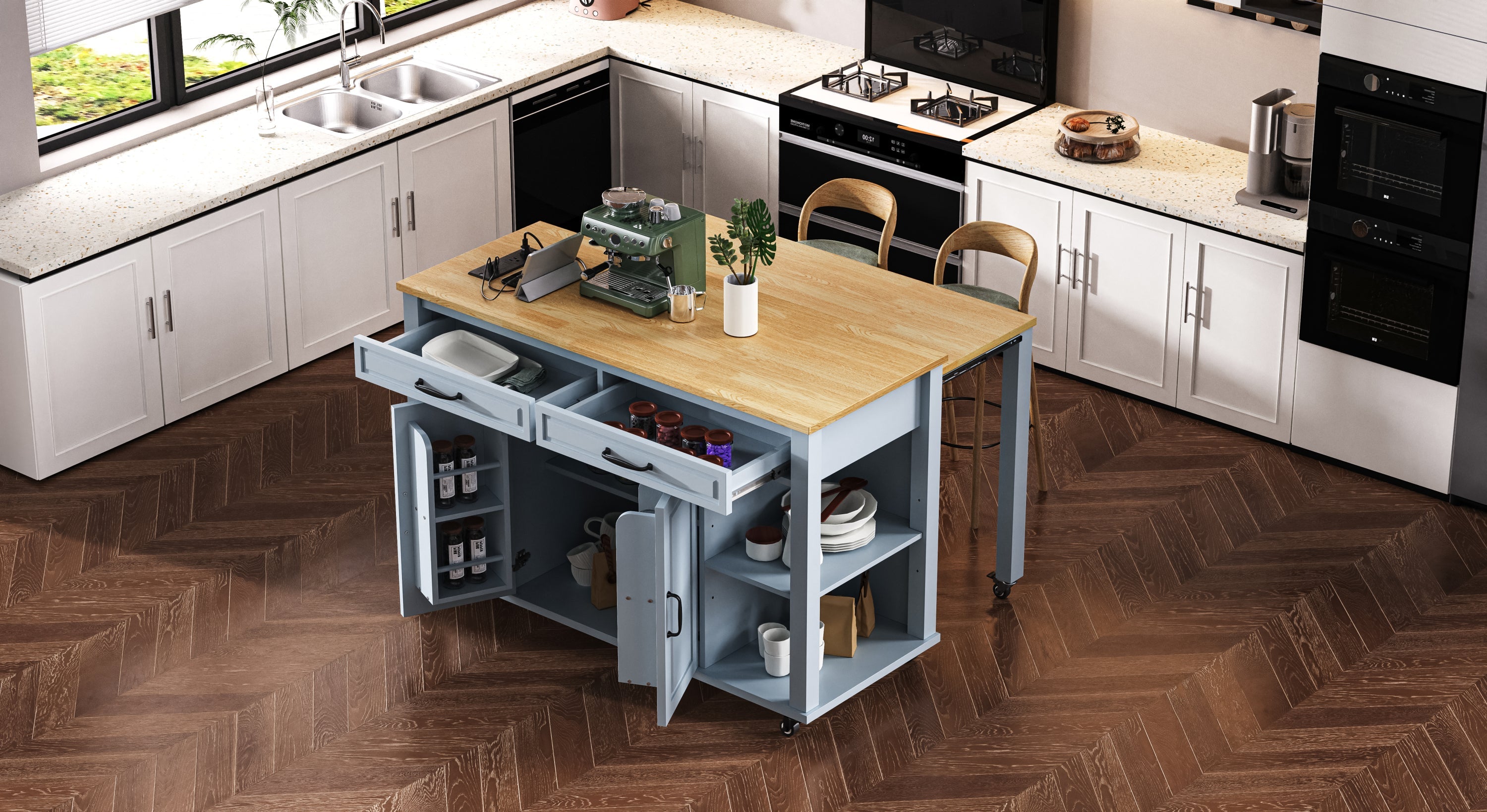 K&K 47 inch Kitchen Island with Extendable Dining Table, Rubber Wood Veneer Kitchen Table with Internal Storage Rack, Power Outlet, Kitchen island with Storage 2 Drawers 2 Cabinet, Black