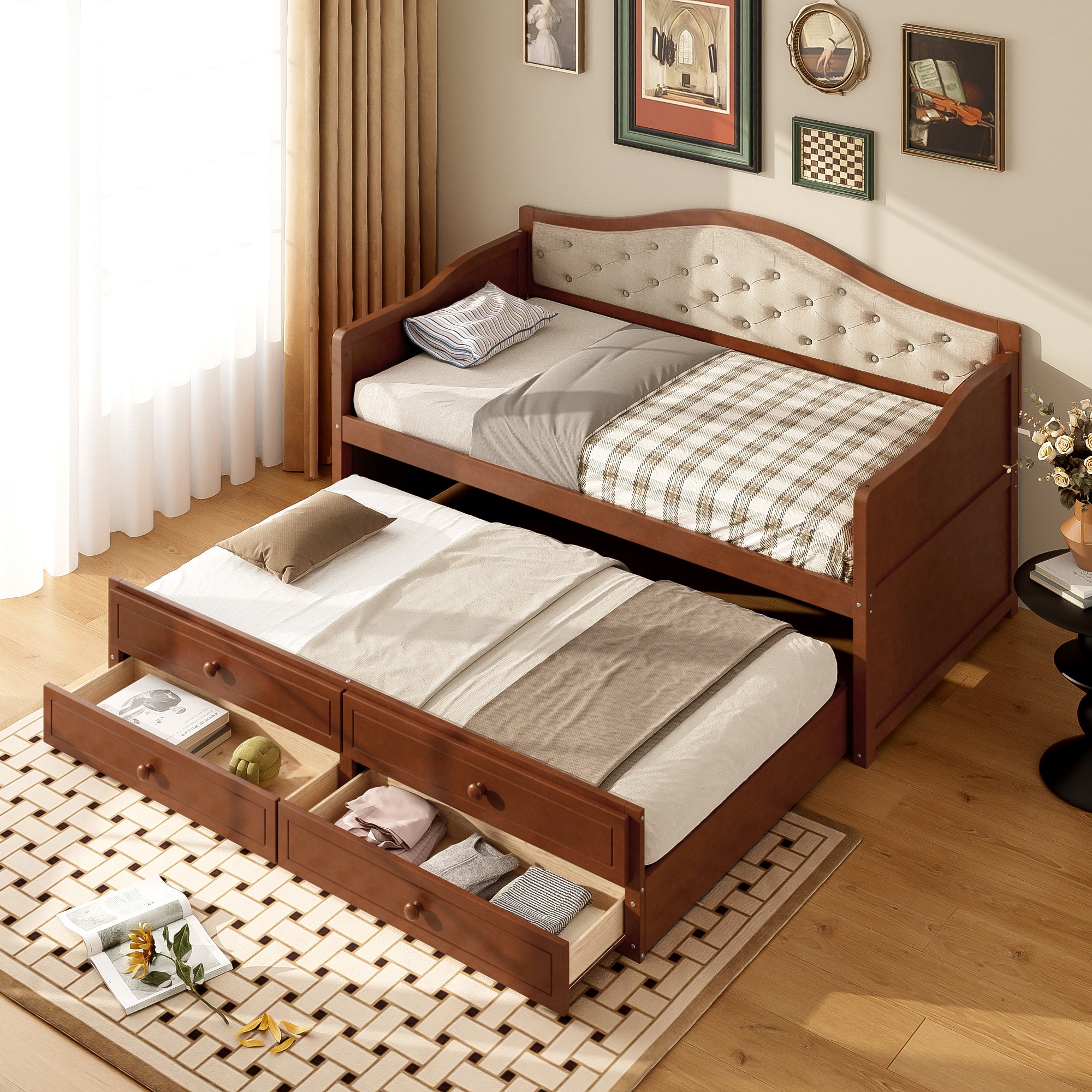 Twin Daybed with Trundle, Twin Size Daybed with 2 Storage Drawers, Wooden Sofa Bed with Upholstered Button Tufted Backrest for Living Room, Bedroom, Guest Room,Walnut