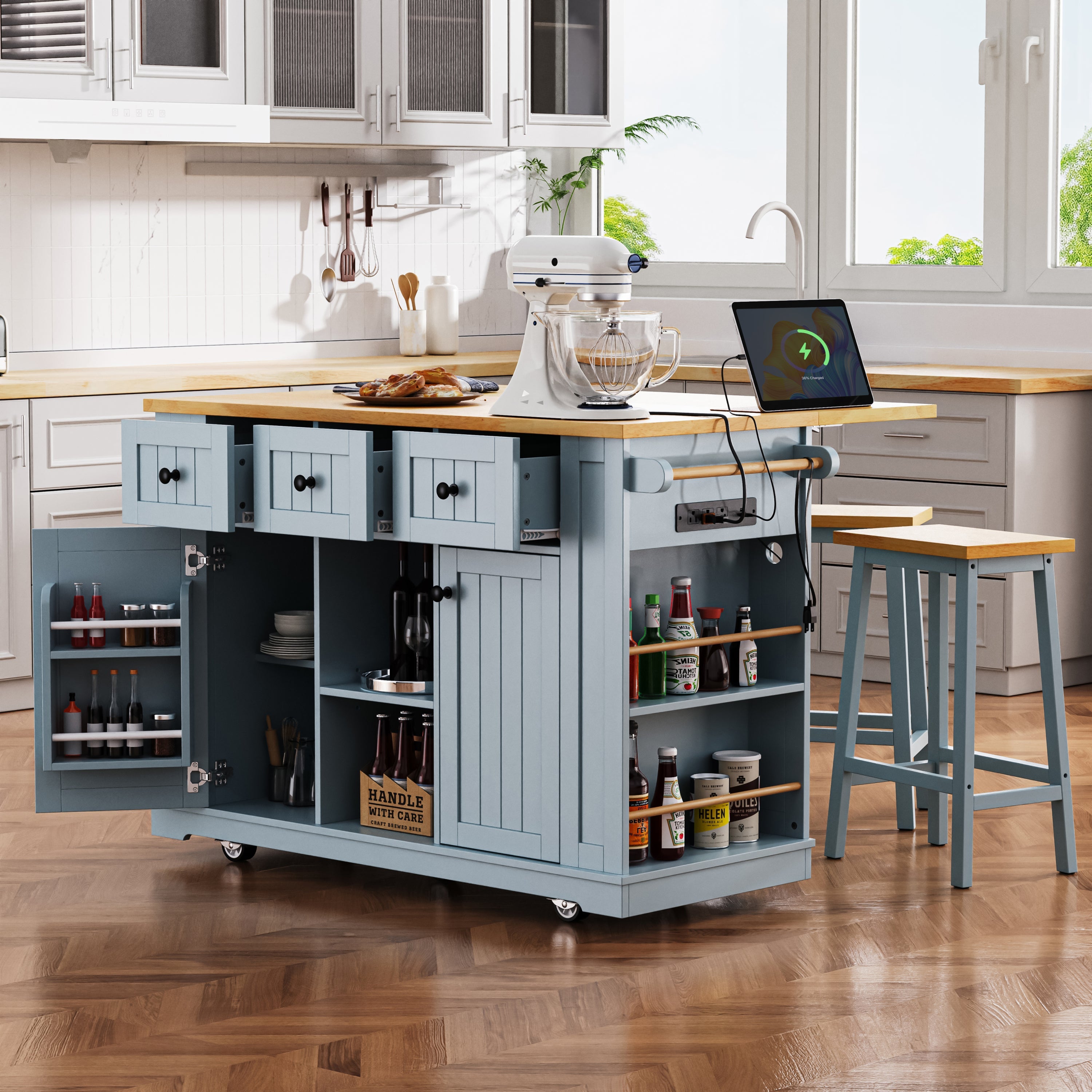 K&K 53inch Large Kitchen Island with Drop Leaf,Power Outlet,Door Internal Storage Rack,Rolling Kitchen Cart on 5 Wheels with 5 Open Side Racks for Kitchen,Black(Two Packages)(Stools not included)