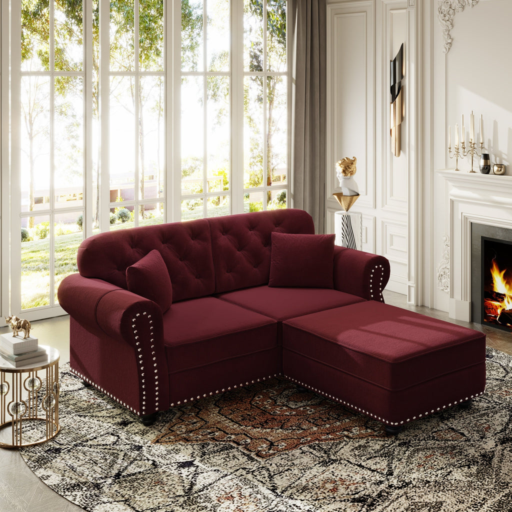 63'Upholstered Velvet Sofa with Nailhead Trim and Rolled Armrests,Mid-Century Modern Chesterfield Sofa with Button Tufted,Includes 2 Pillows,Beige/White