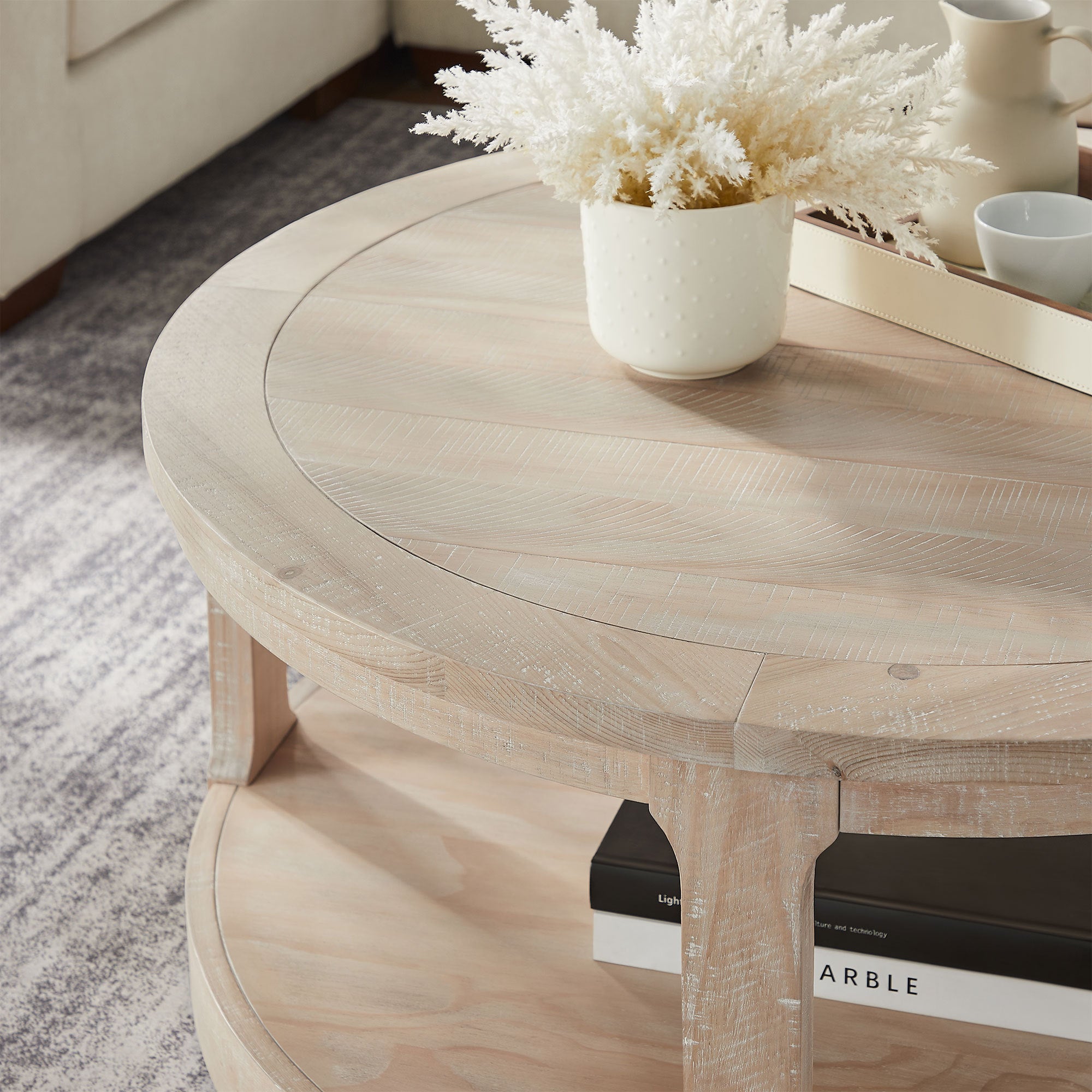 40-Inch Round 2-Tier Coffee Table — Rustic Wooden Center Table with Wheels