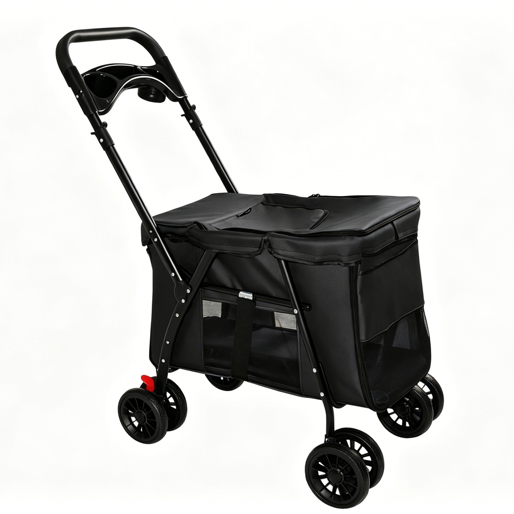 Pet Stroller for Small Medium Pets, Foldable 4-Wheel Design with Breathable Mesh, Shockproof Wheels, Brake System, Storage Tray, 2 Fixed Leashes, Black Carbon Steel Frame